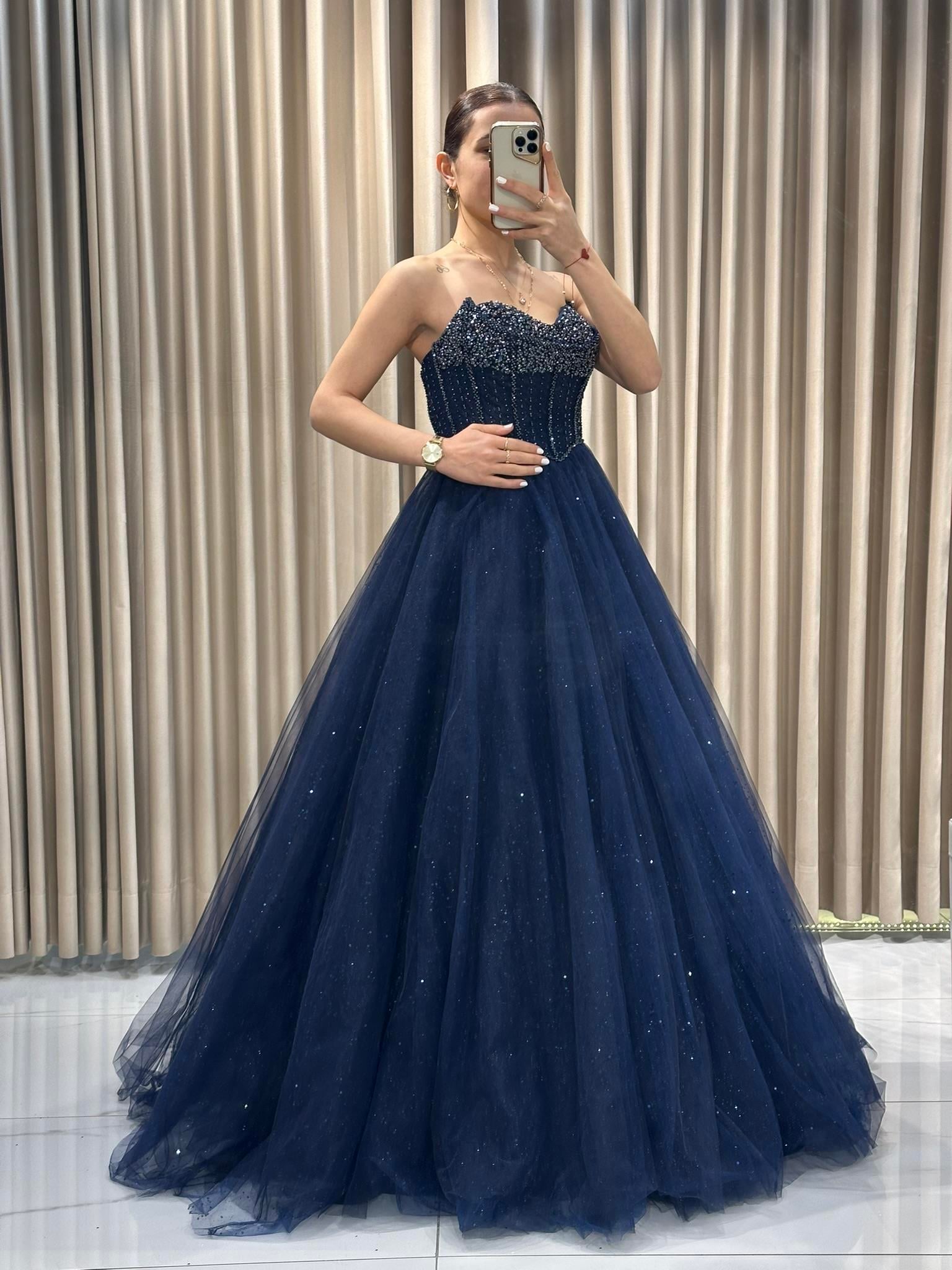 Lacivert Çift Yaka Prenses Model Nişanlık-Abiye Abiye Elbise | Kaleiçi Yıldızlar