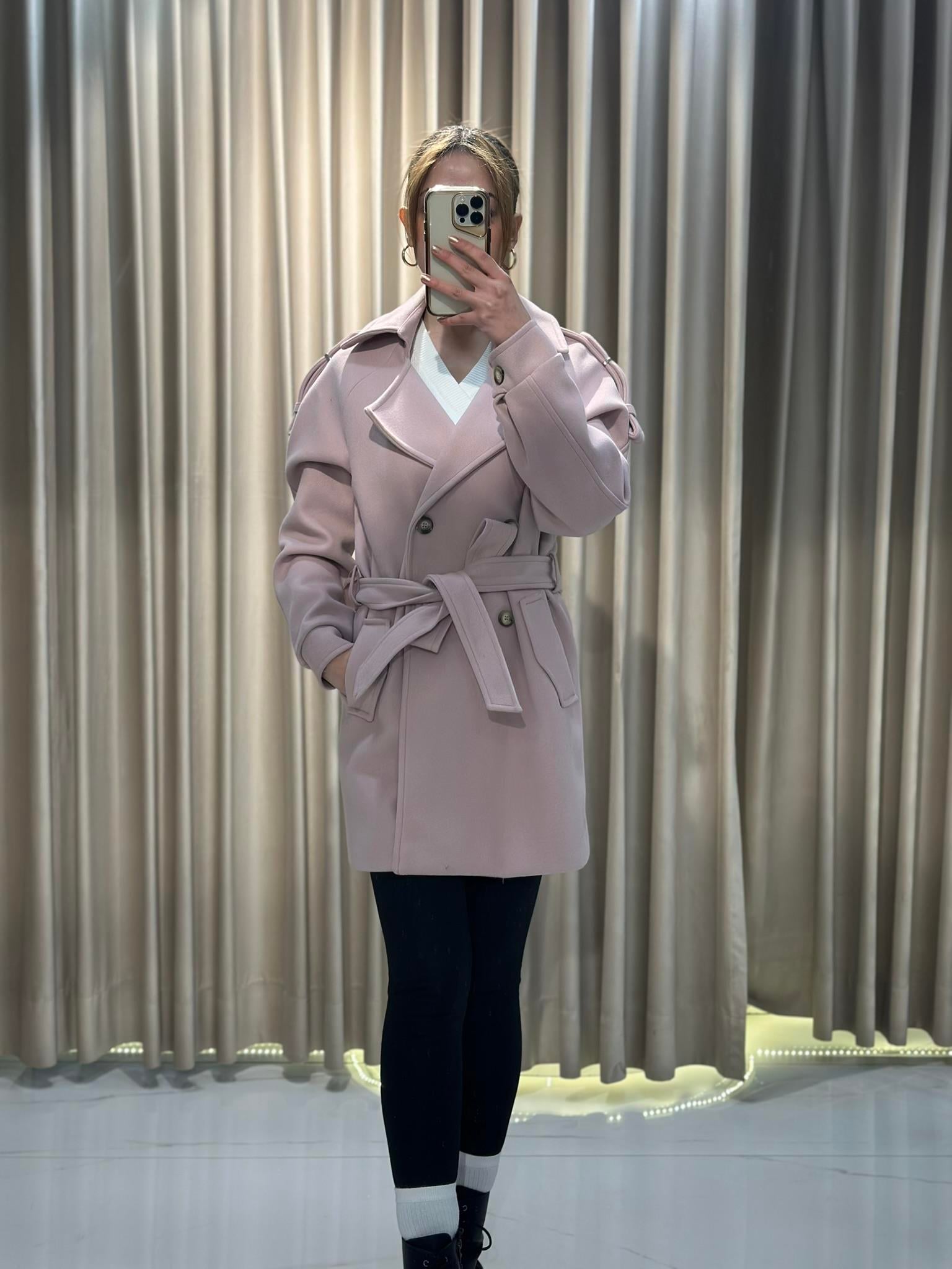 Pembe Yeni Sezon Omuz Apoletli Kaşe Kaban DŞS531 | Kaleiçi Yıldızlar