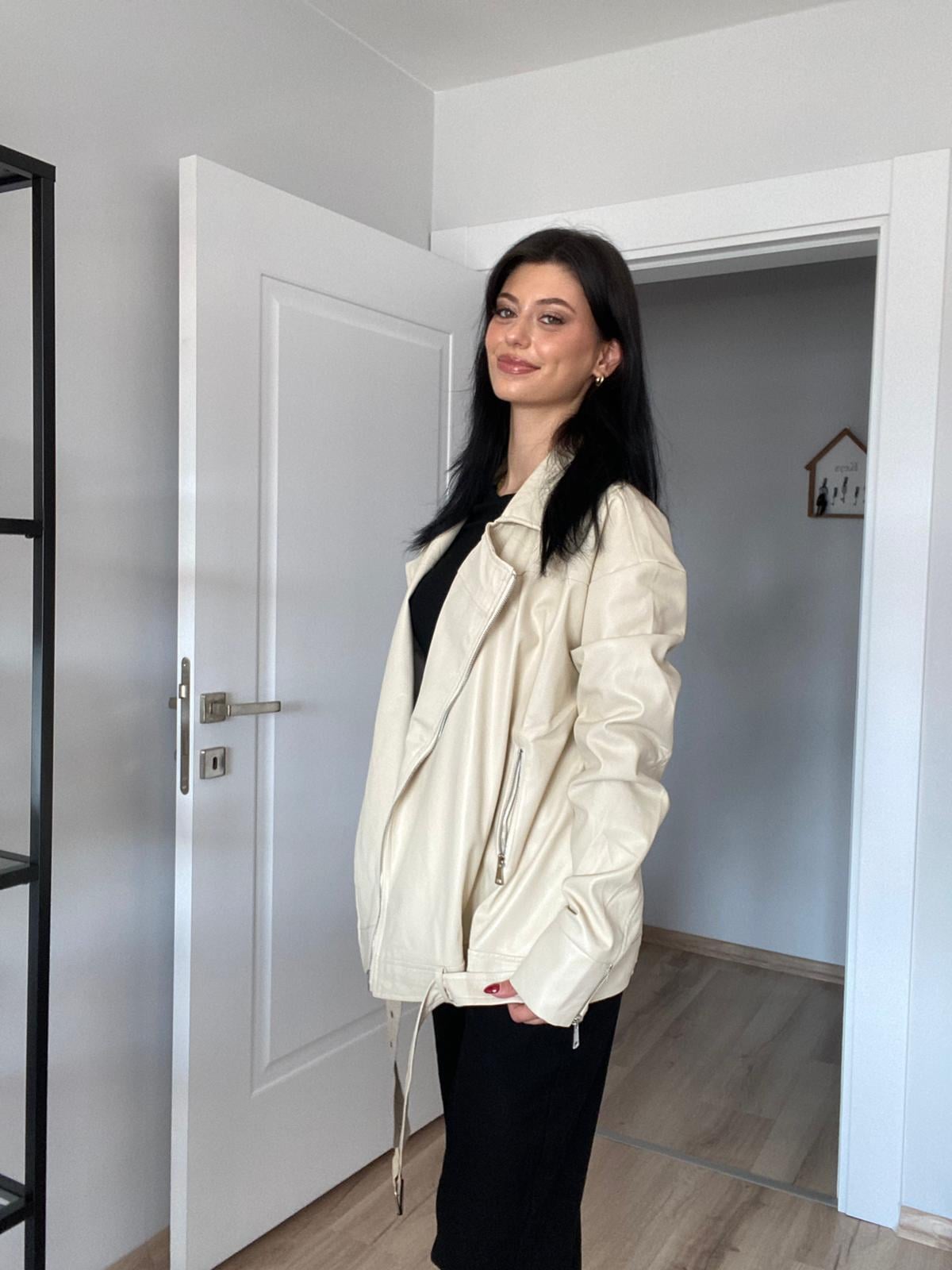 Bej Oversize Deri Ceket