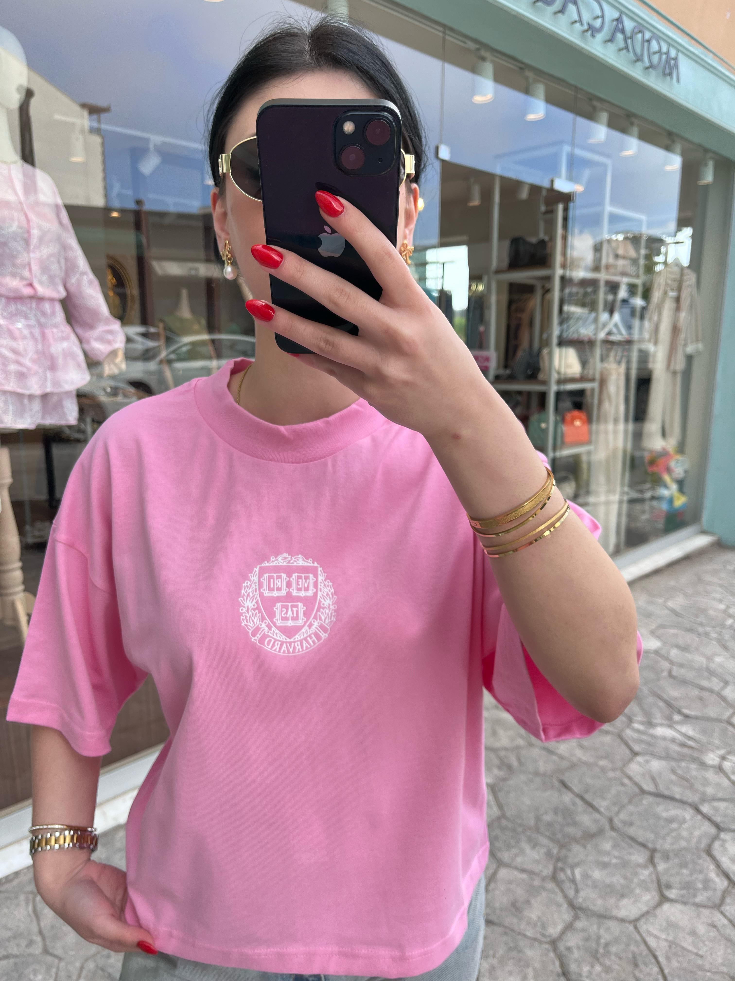 Harward Baskılı Pembe Tişört