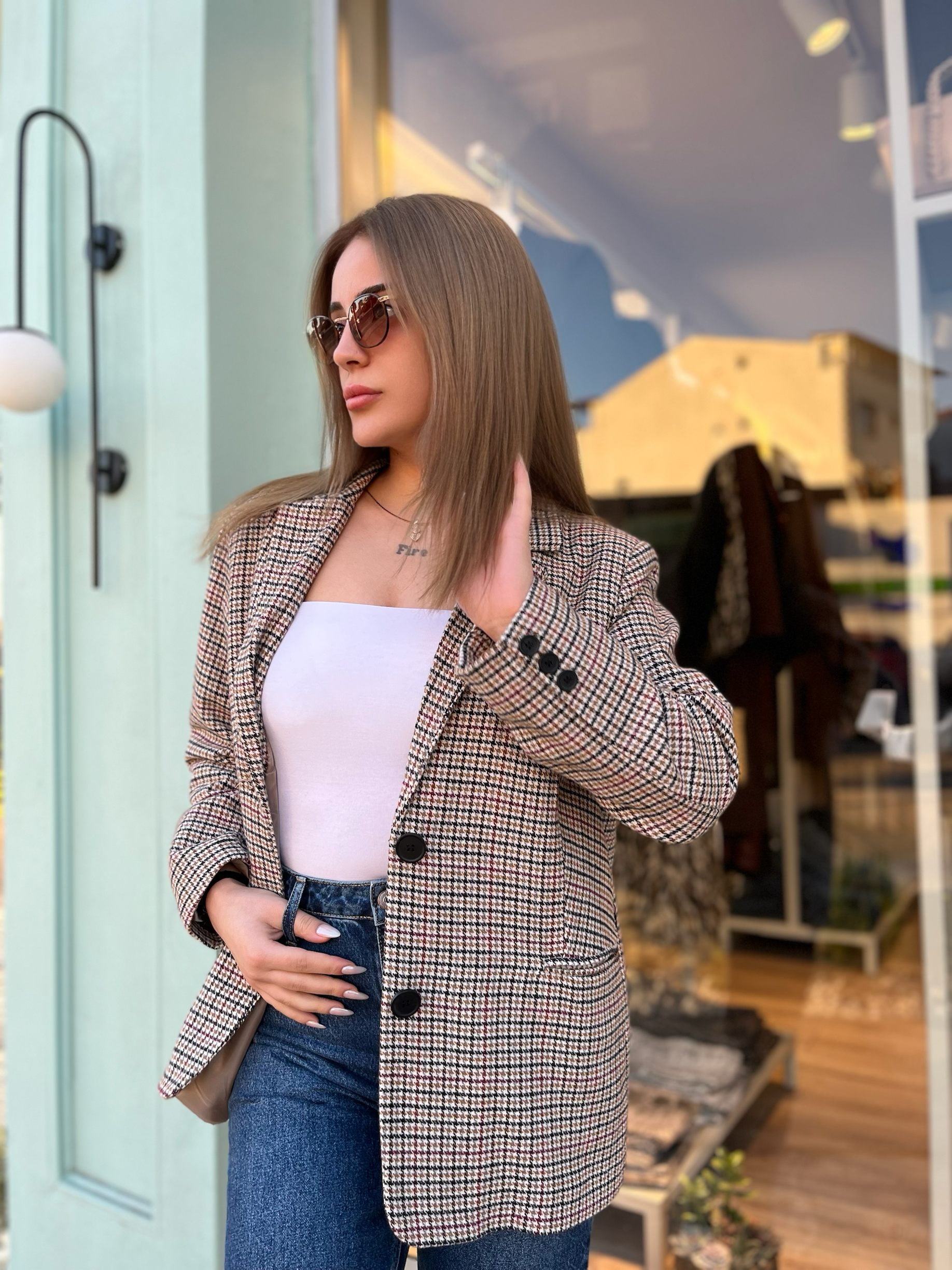 Kareli Çift Cepli Blazer Ceket