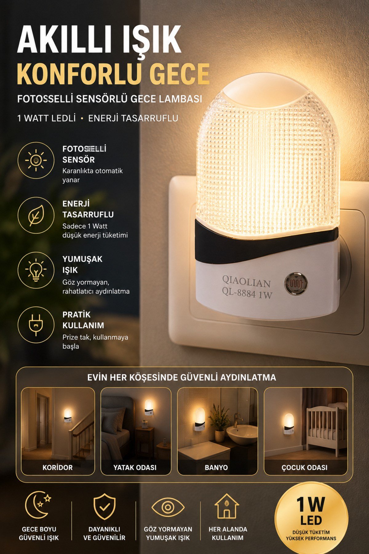 1 Watt Fotoselli Sensörlü LED Gece Lambası Otomatik Yanan Koridor Yatak Çocuk Odası Aydınlatma Beyaz