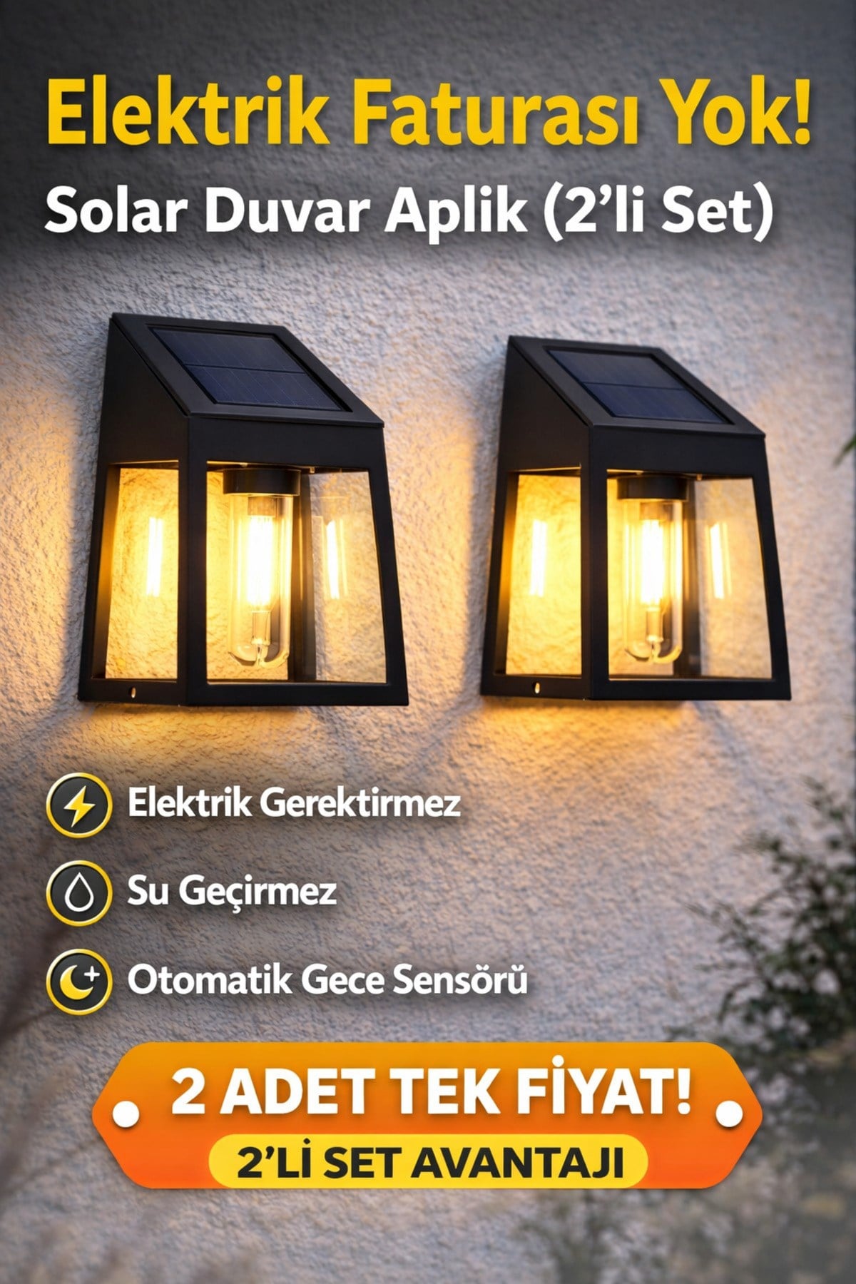 2’li Solar Duvar Aplik Güneş Enerjili IP44 Su Geçirmez Sensörlü Bahçe Balkon Lambası Kolay Kurulum