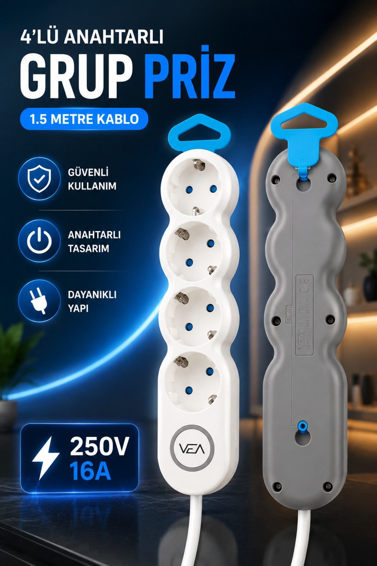 4'lü Grup Priz 1.5 Metre Kablolu Anahtarlı Topraklı Uzatma Kablosu 16A 3680W Beyaz Gri Ev Ofis