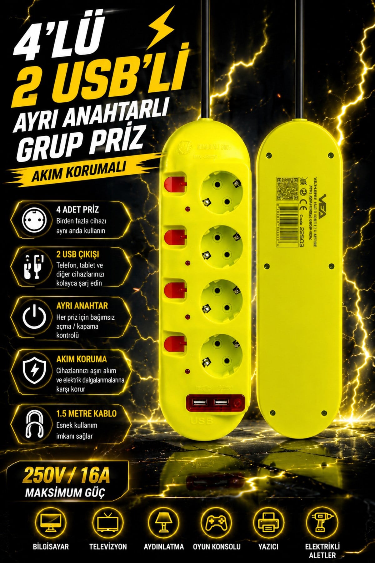 4'lü Grup Priz 2 USB'li 1.5 Metre Ayrı Anahtarlı Akım Korumalı Uzatma Kablosu 16A 250V Ev Ofis Tipi