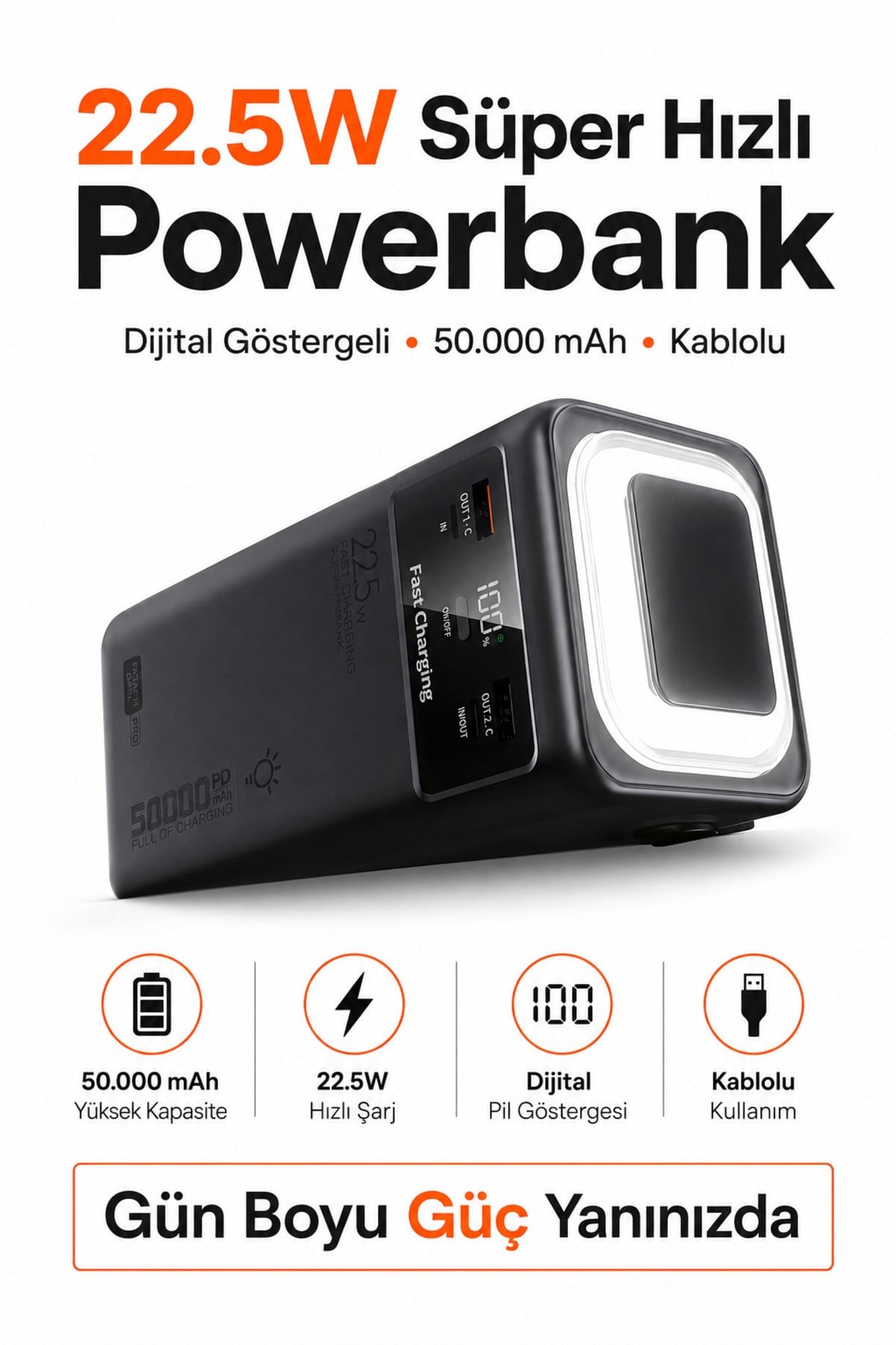 50000 mAh 22.5W Süper Hızlı Şarj Dijital Ekranlı Kablolu LED Işıklı Powerbank