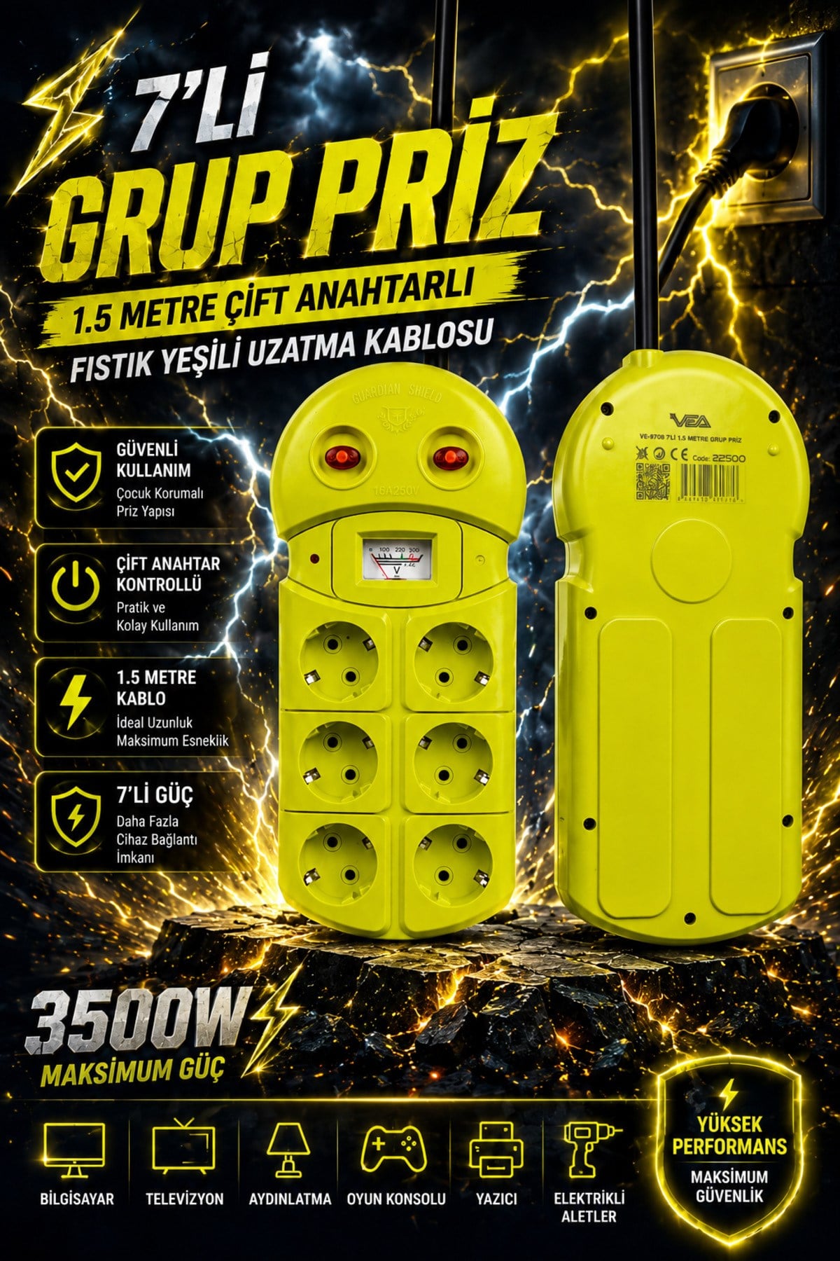 6'lı Grup Priz 1.5 Metre Çift Anahtarlı Akım Korumalı Uzatma Kablosu 16A 250V Ev Ofis Tipi 6 Prizli