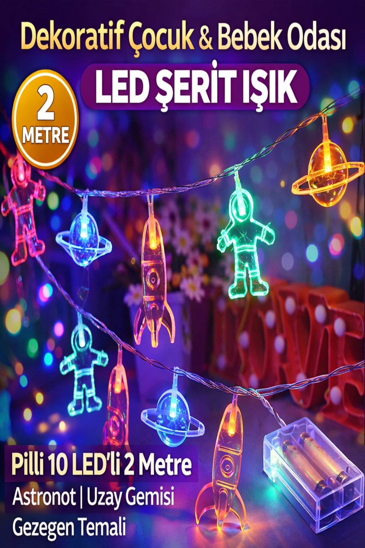 Dekoratif Çocuk Bebek Odası Led Şerit Astronot Uzay Gemisi Gezegen Temalı Pilli 10 LED'li 2 M
