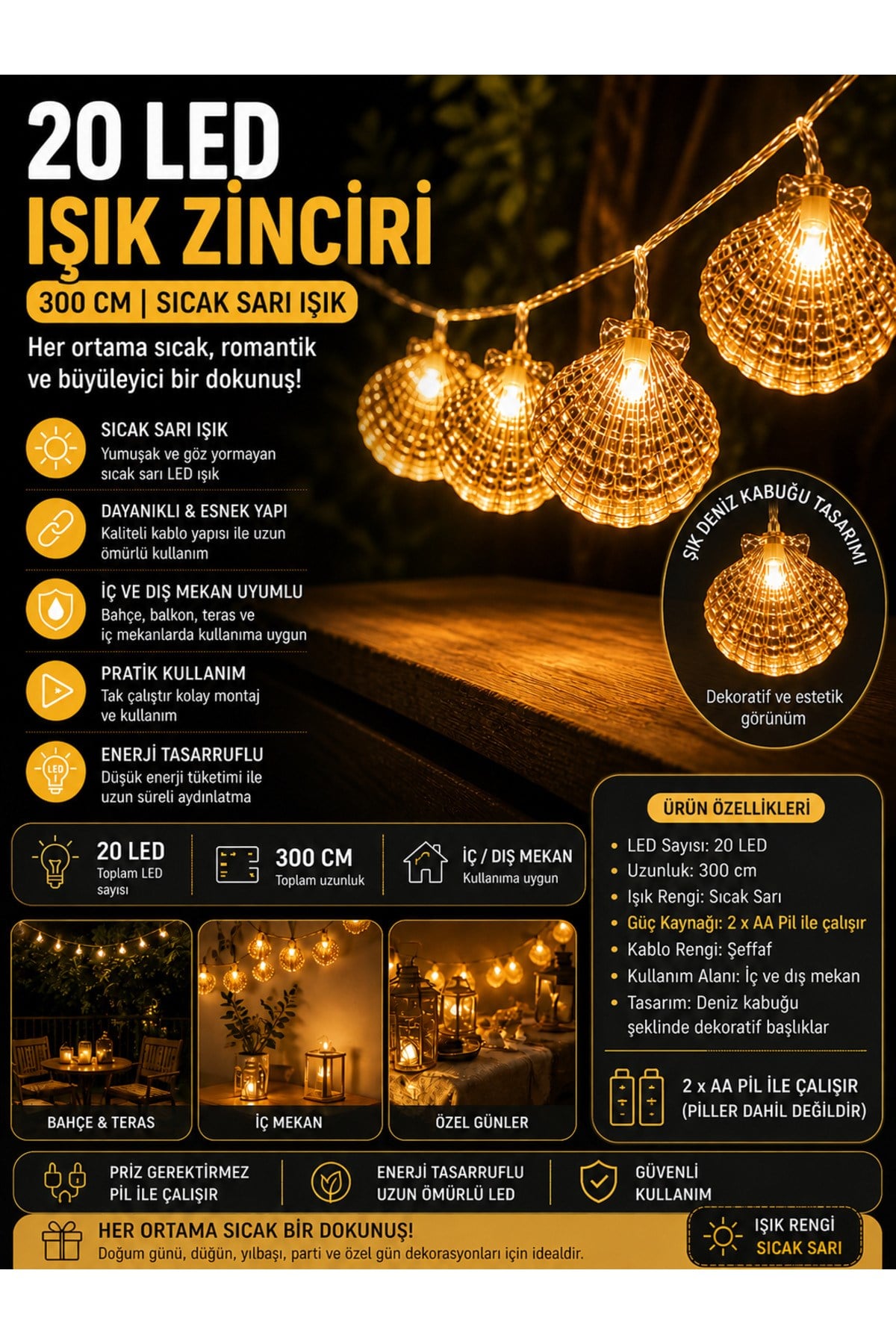 Deniz Kabuğu LED Işık Zinciri 300 CM 20 LED Sıcak Sarı Işık Dekoratif Ortam Aydınlatması