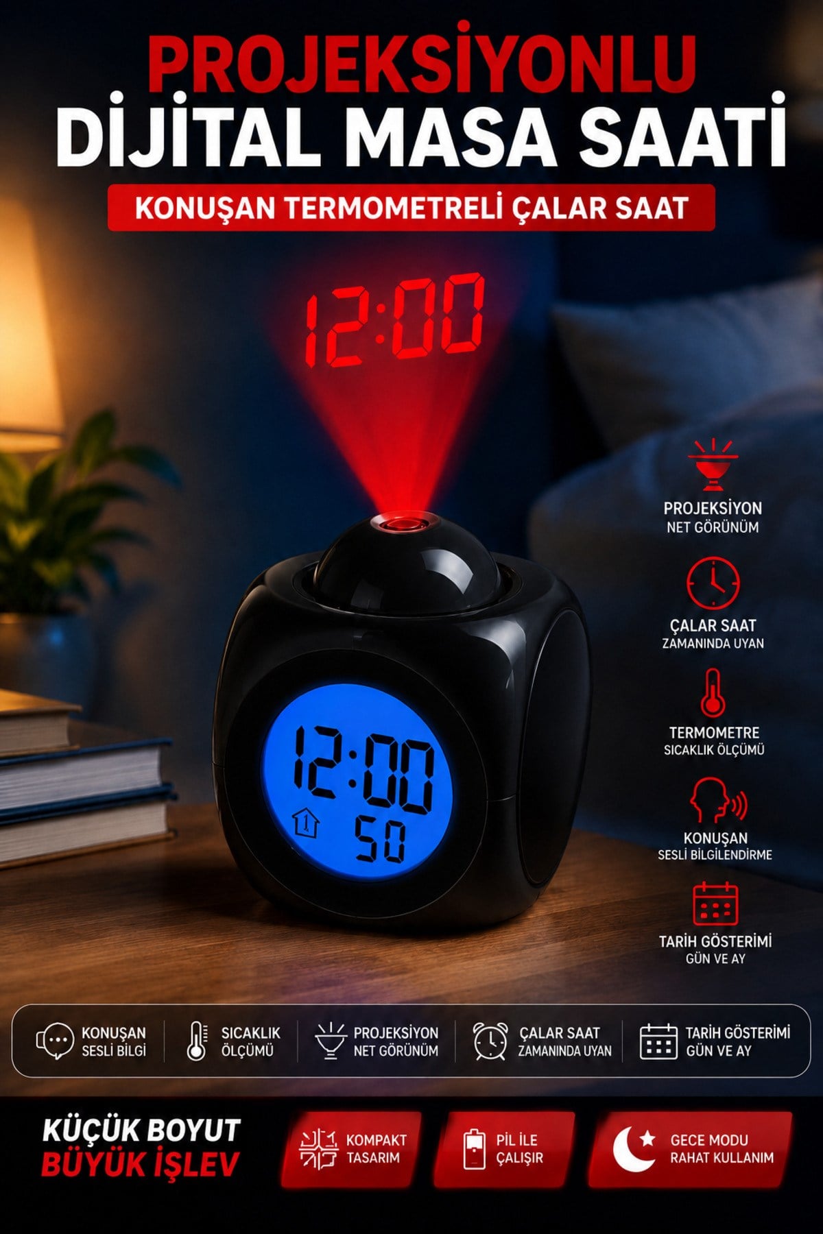 Duvara Yansıtan Projeksiyonlu Dijital Çalar Saat Konuşan Termometreli LED Alarm Masa Saati Pilli & kablolu Kullanım