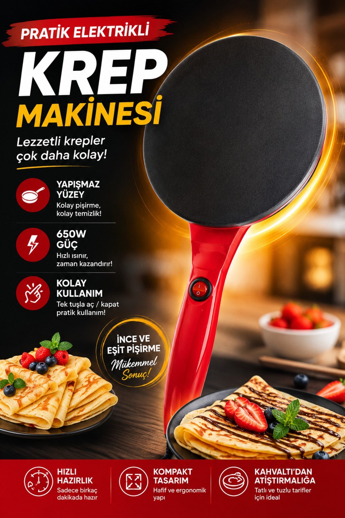 Elektrikli Krep Tavası 650 Watt 20 cm Yapışmaz Yüzey Pankek Gözleme Tortilla Makinesi Kolay Hızlı Yapım