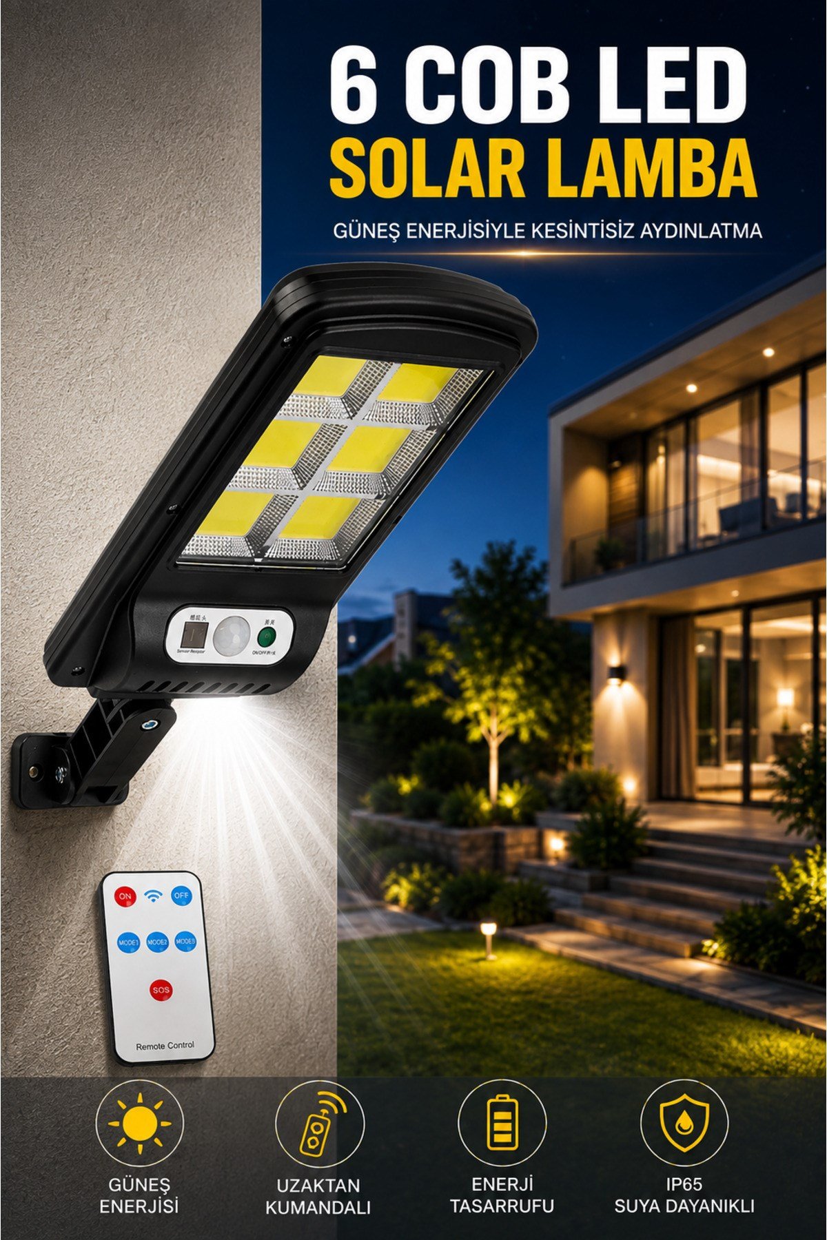 Hareket Sensörlü Solar Duvar Lambası 6 COB LED 3 Modlu Uzaktan Kumandalı Bahçe Dış Mekan Aydınlatma