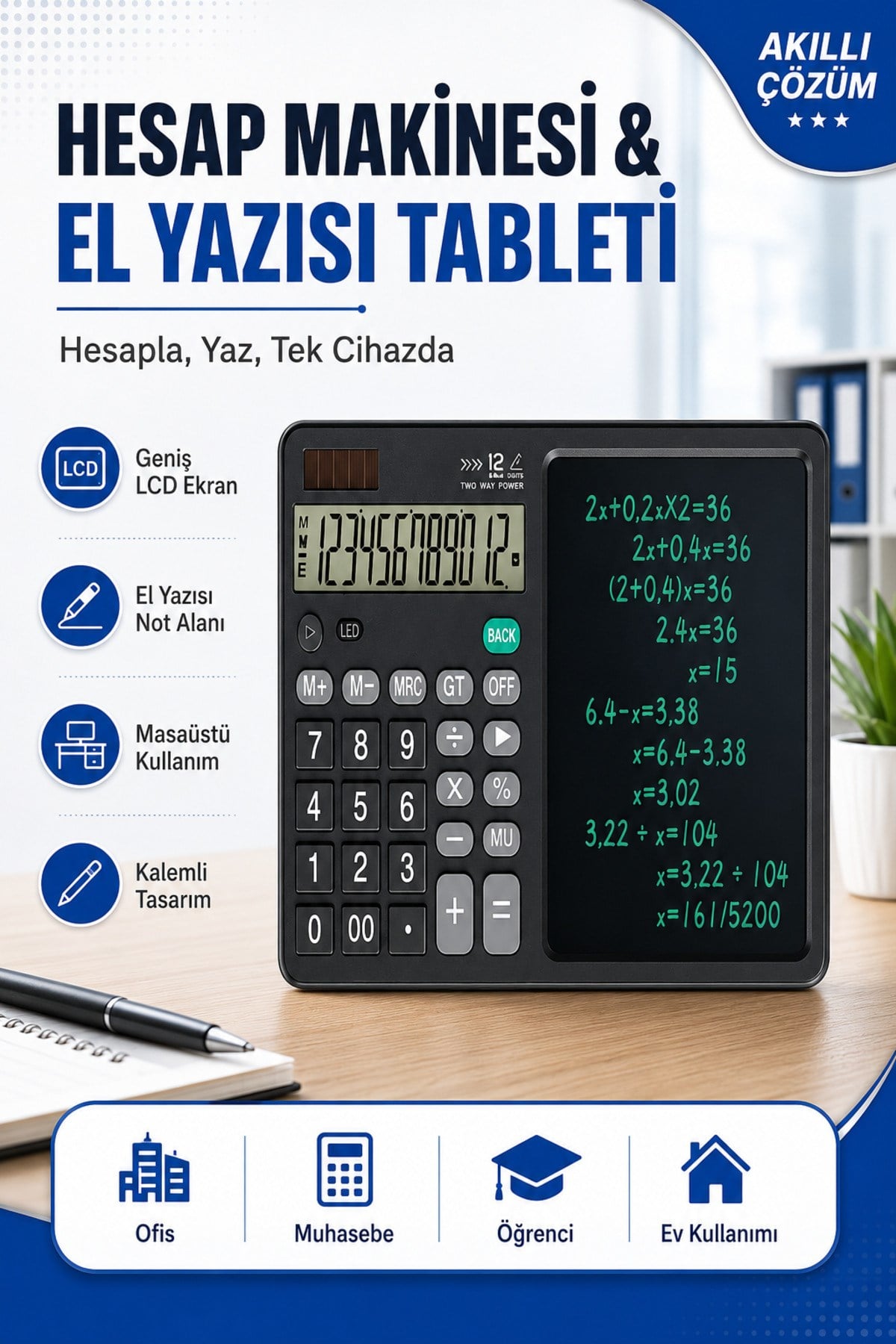 Hesap Makineli El Yazısı Tableti, LCD Ekranlı Masaüstü Finansal Muhasebe Hesap Makinesi, Kalemli Not Alma Tableti