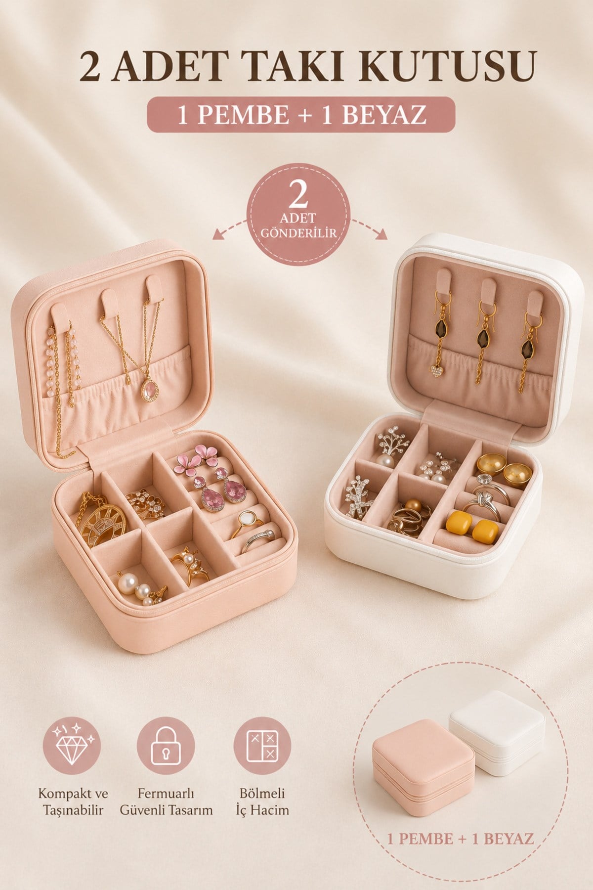 Mini Takı Kutusu Seyahat Tipi Mücevher Çantası Kolye Yüzük Küpe Organizer Takı Düzenleyici ( Beyaz+ Pembe 1'er Adet Gönderilir )