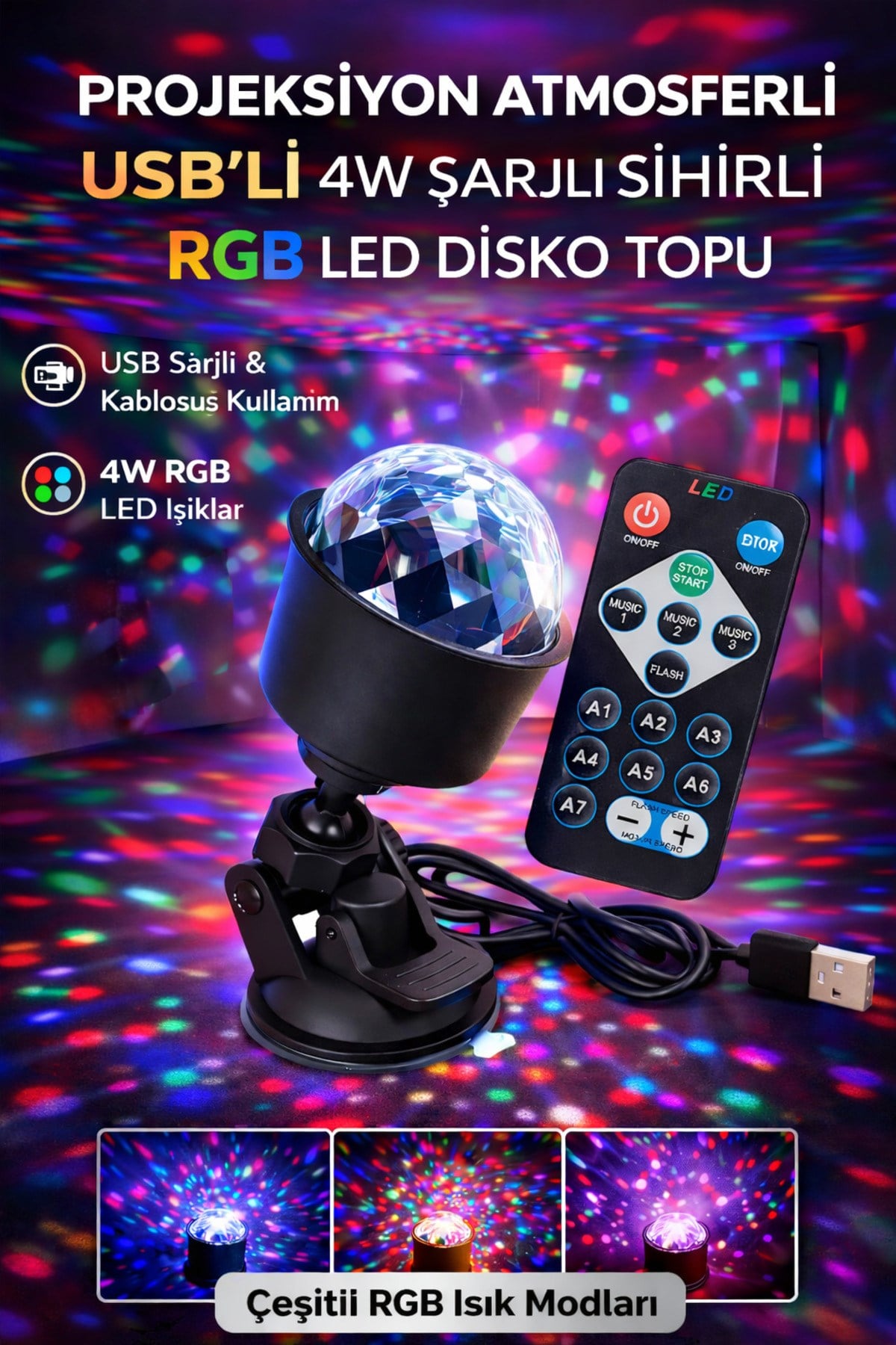 RGB LED Disko Topu USB Şarjlı Projeksiyon Işığı 360° Döner Renkli Parti Atmosfer Lambası