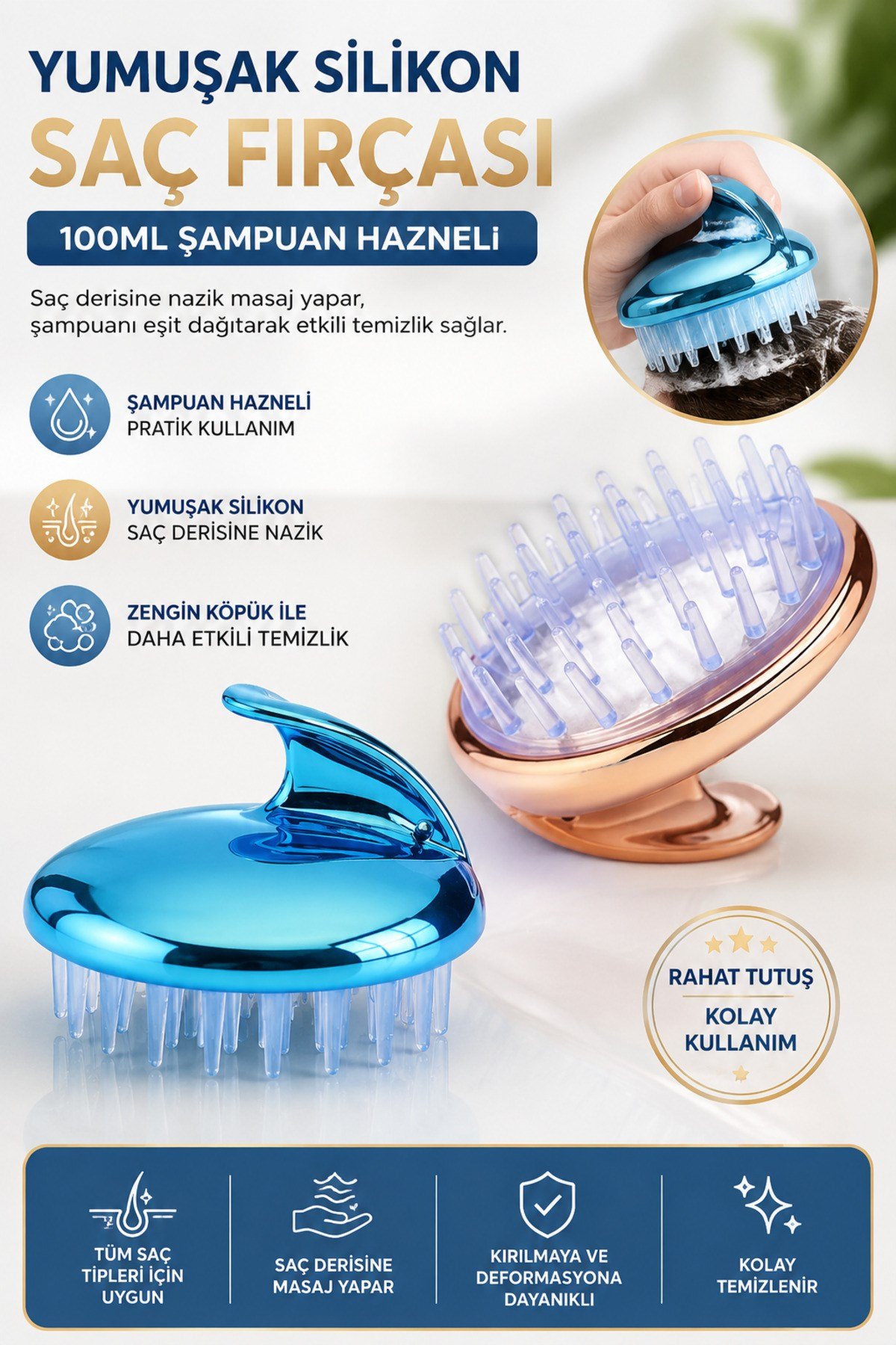 Şampuan Hazneli Saç Yıkama Fırçası 100 ml Yumuşak Silikon Kafa Derisi Masaj Tarağı Duş Fırçası Gold