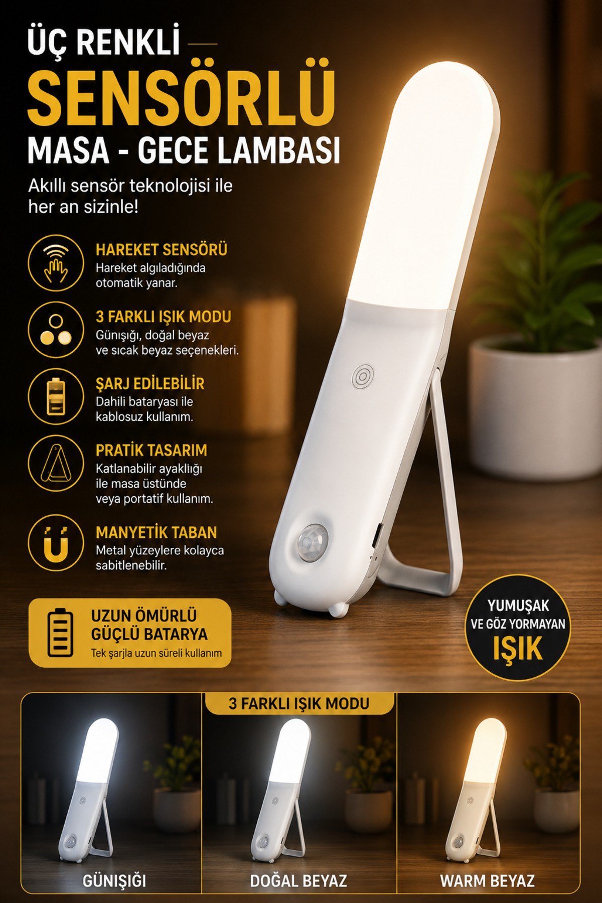 Şarjlı Sensörlü LED Gece Lambası 3 Renk Dokunmatik Manyetik Askılı Masaüstü Dolap Lambası Sensörlü