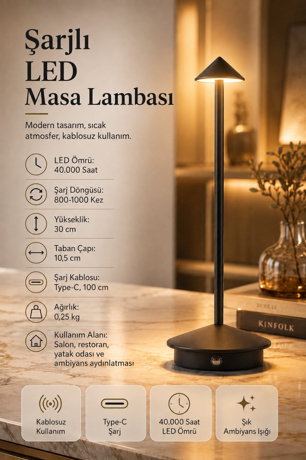 Şarjlı USB'li LED'li Siyah Gece Lambası – 3 Farklı Işık Modlu Dokunmatik Dimmerli Dekoratif Metal Masa Lambası