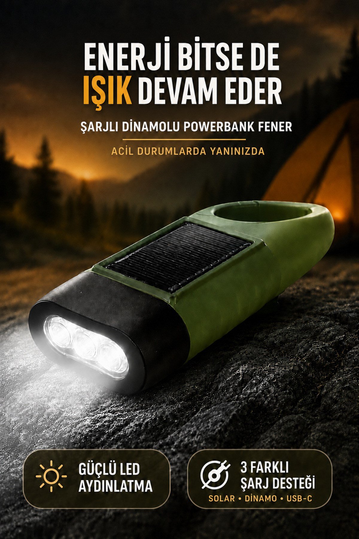 Solar Panelli Şarjlı Dinamolu Powerbank Fener El Kranklı USB-C Kamp ve Acil Durum Lambası Karabinalı