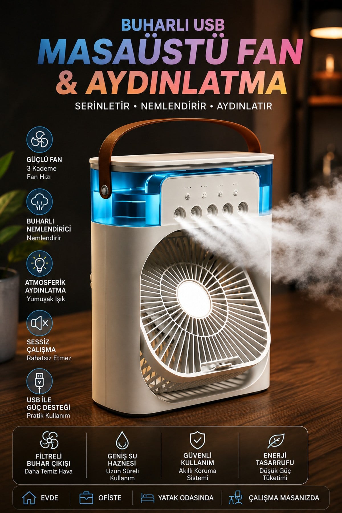 Taşınabilir Askılı & Masaüstü Mini Klima USB Hava Soğutucu Sulu Klima Buharlı Vantilatör LED Işıklı 330 ML 3 Mod