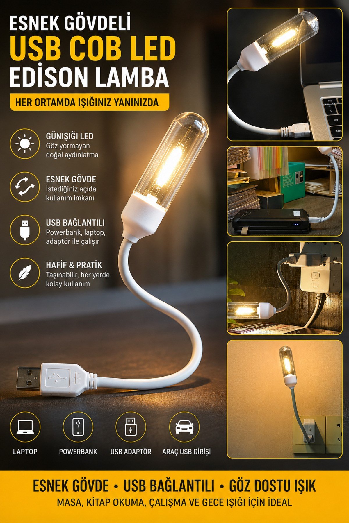 USB LED Kitap Okuma Lambası Esnek USB Masa Lambası Laptop Powerbank Uyumlu Günışığı Gece Işığı