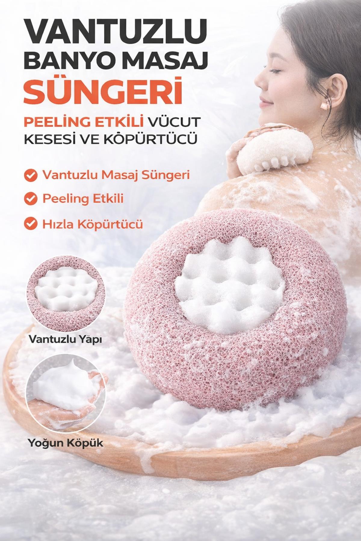 Vantuzlu Banyo Masaj Süngeri Peeling Etkili Vücut Kesesi & Köpürtücü Banyo Lif Süngeri