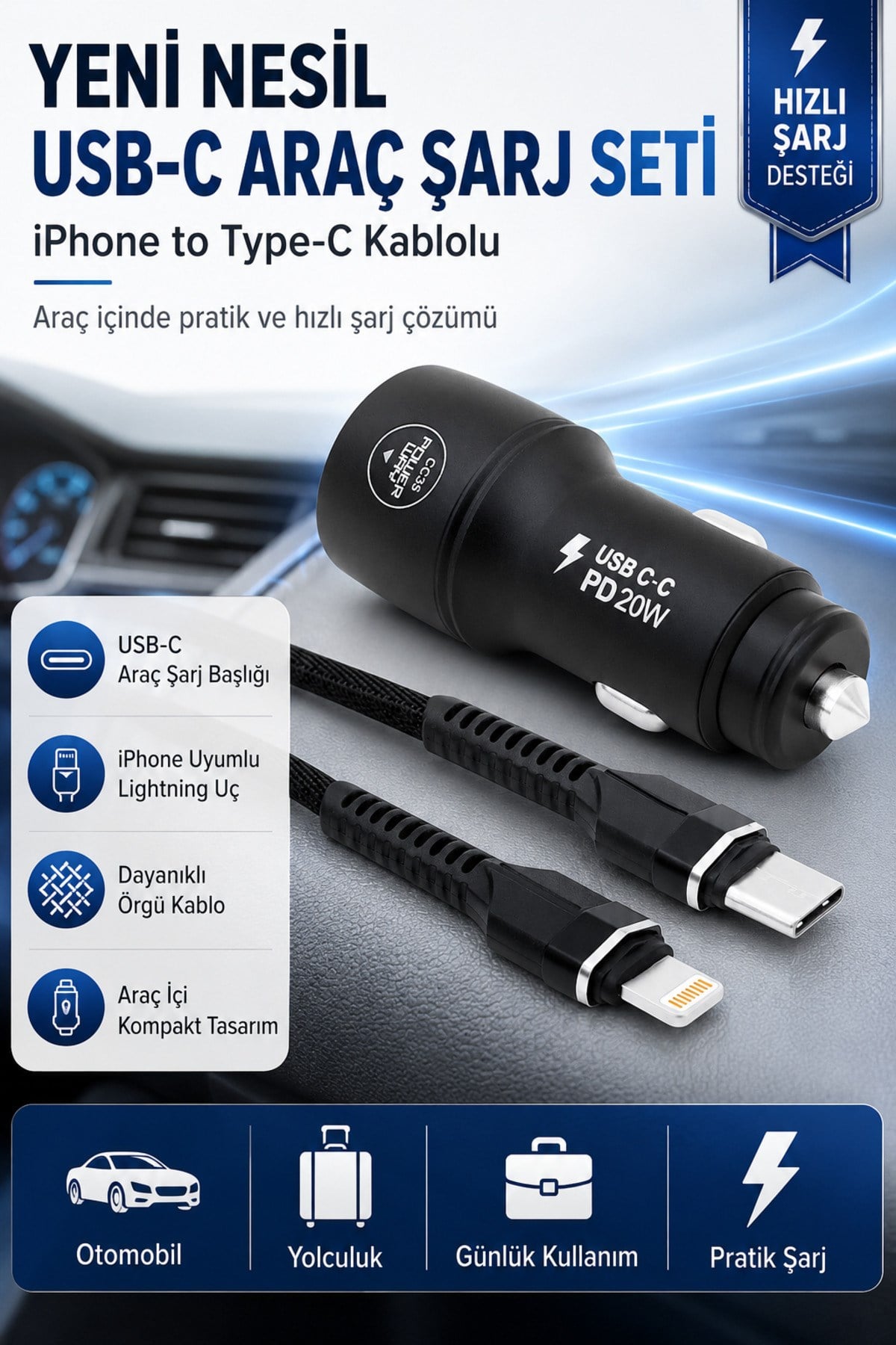 Yeni Nesil USB-C Araç Şarj Seti iPhone to Type-C Kablolu PD18W Hızlı Şarj Destekli Araç İçi Şarj Cihazı