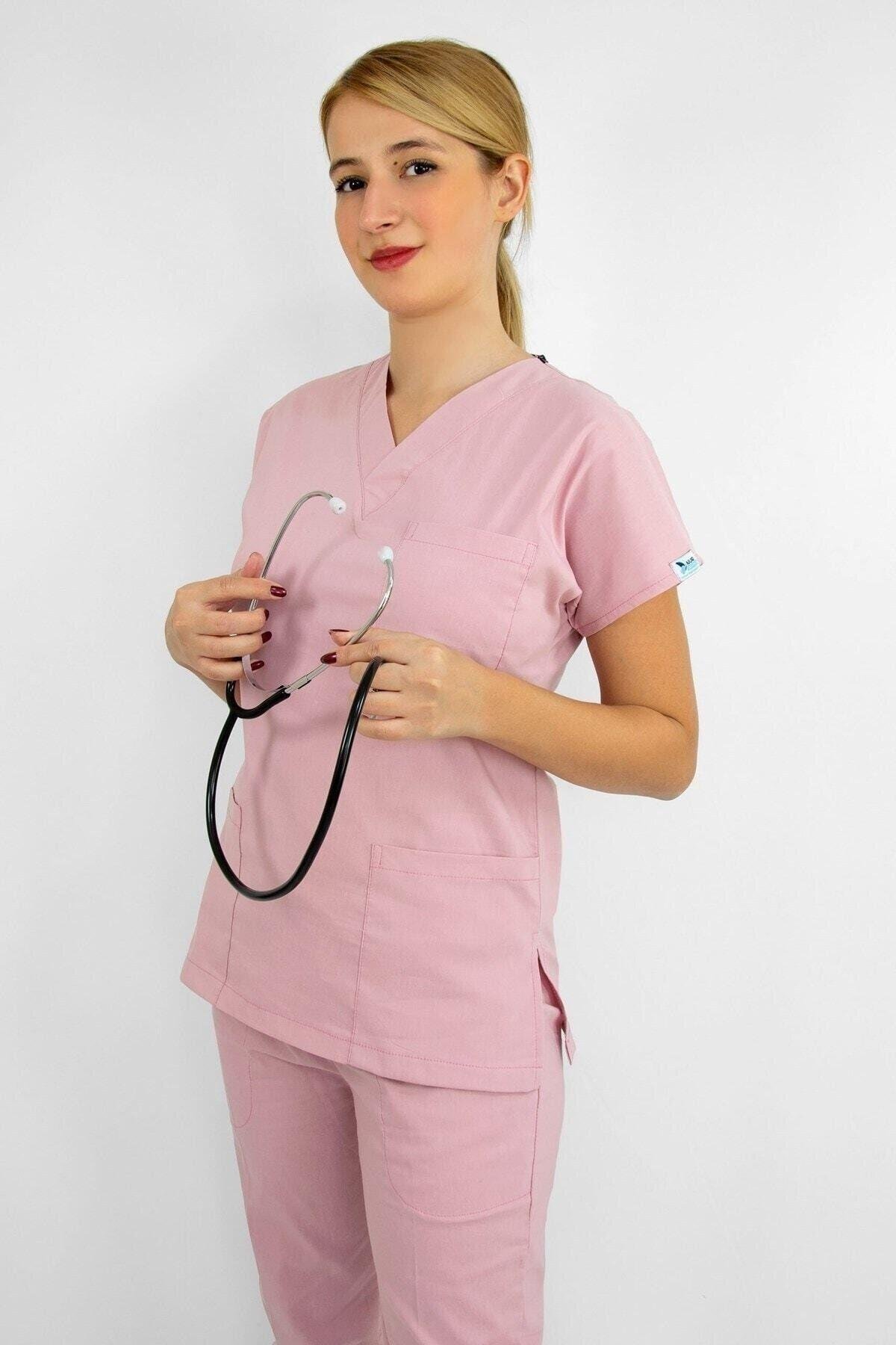 Açık Pudra Likralı Üst Forma-Nur Medikal Giyim