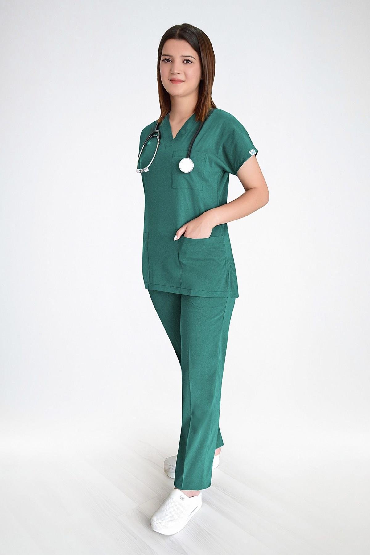Ameliyat Yeşili Likralı Doktor Hemşire Cerrahi Forma Takım-Nur Medikal Giyim
