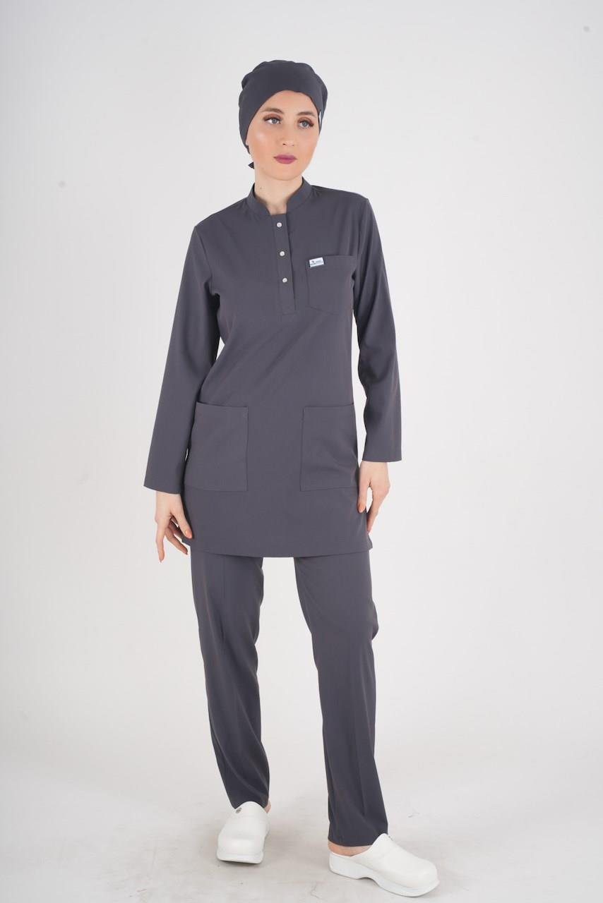 Antrasit Renk Sakura Model Tesettür Doktor Hemşire Scrubs Üniforma Takımı-Nur Medikal Giyim