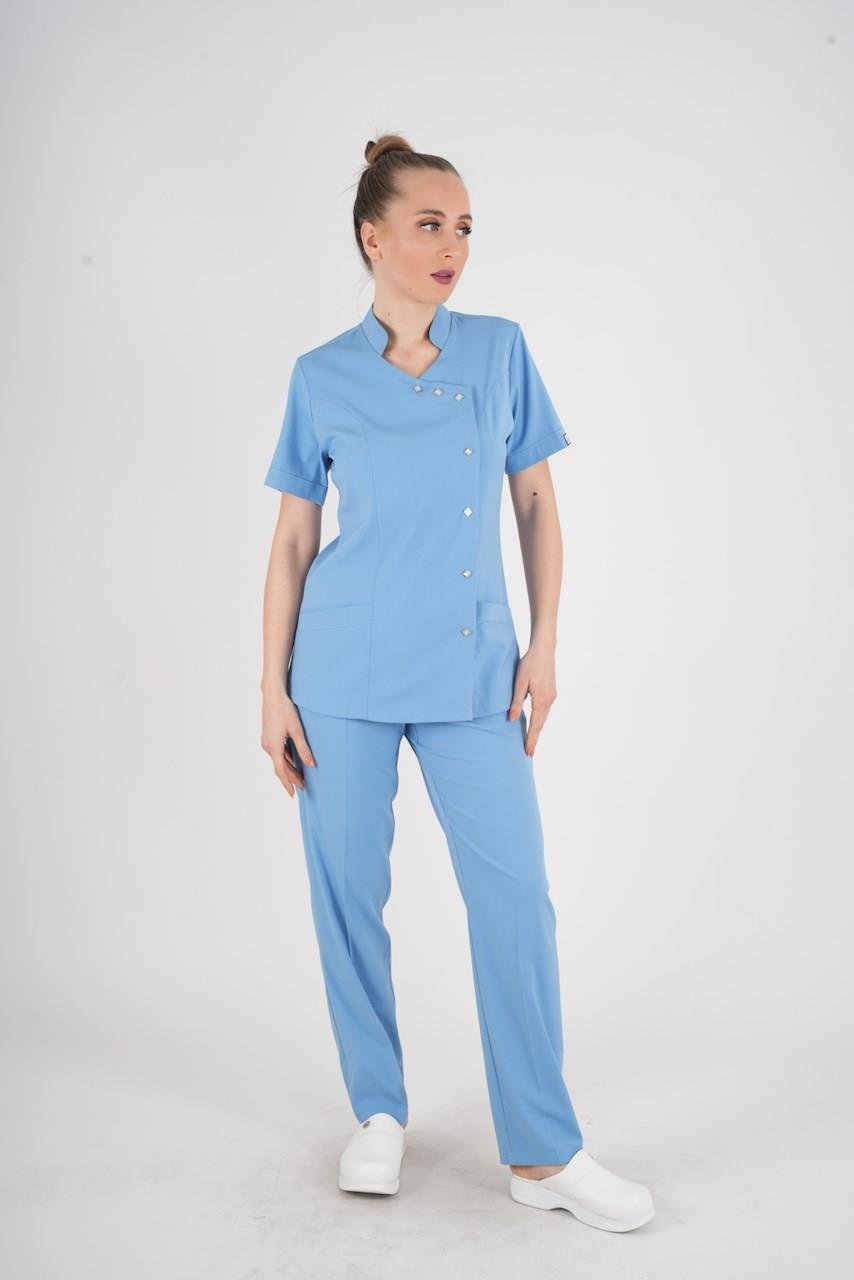 Aylu Model Soft Likra Bebe Mavisi Doktor Hemşire Hastane Scrubs Üniforma Takımı-Nur Medikal Giyim