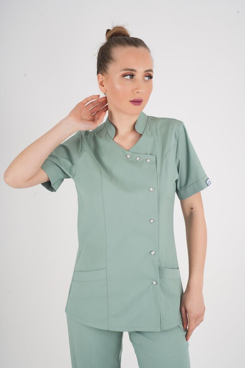 Aylu Model Soft Likra Çağla Yeşili Doktor Hemşire Hastane Scrubs Üniforma Takımı-Nur Medikal Giyim
