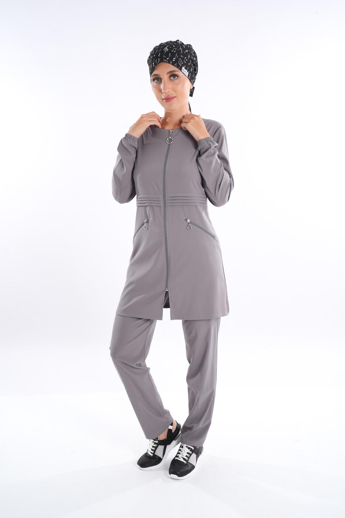 Badem Model Soft Likra Fermuarlı Gri Renk Cerrahi Üniforma Takım-Nur Medikal Giyim