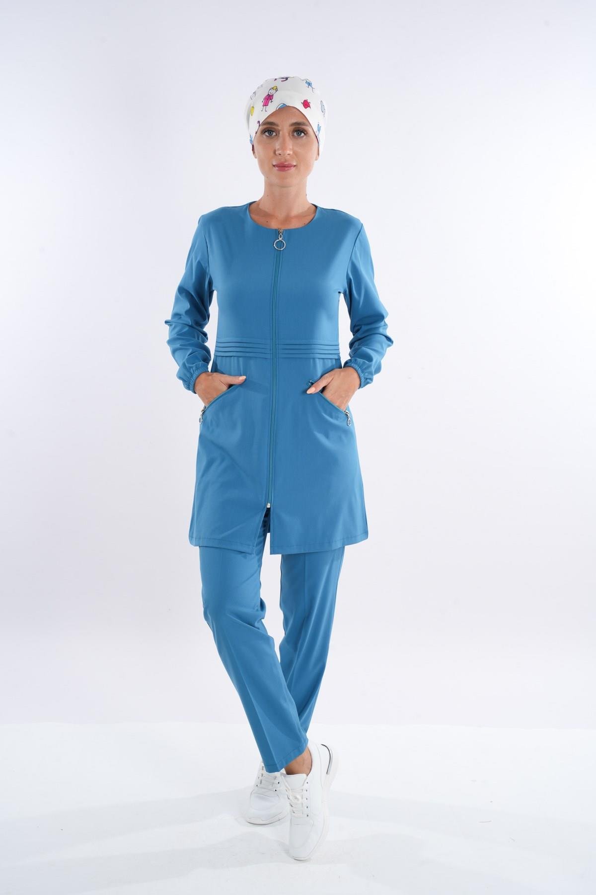 Badem Model Soft Likra Fermuarlı Petrol Mavi Renk Cerrahi Üniforma Takım-Nur Medikal Giyim
