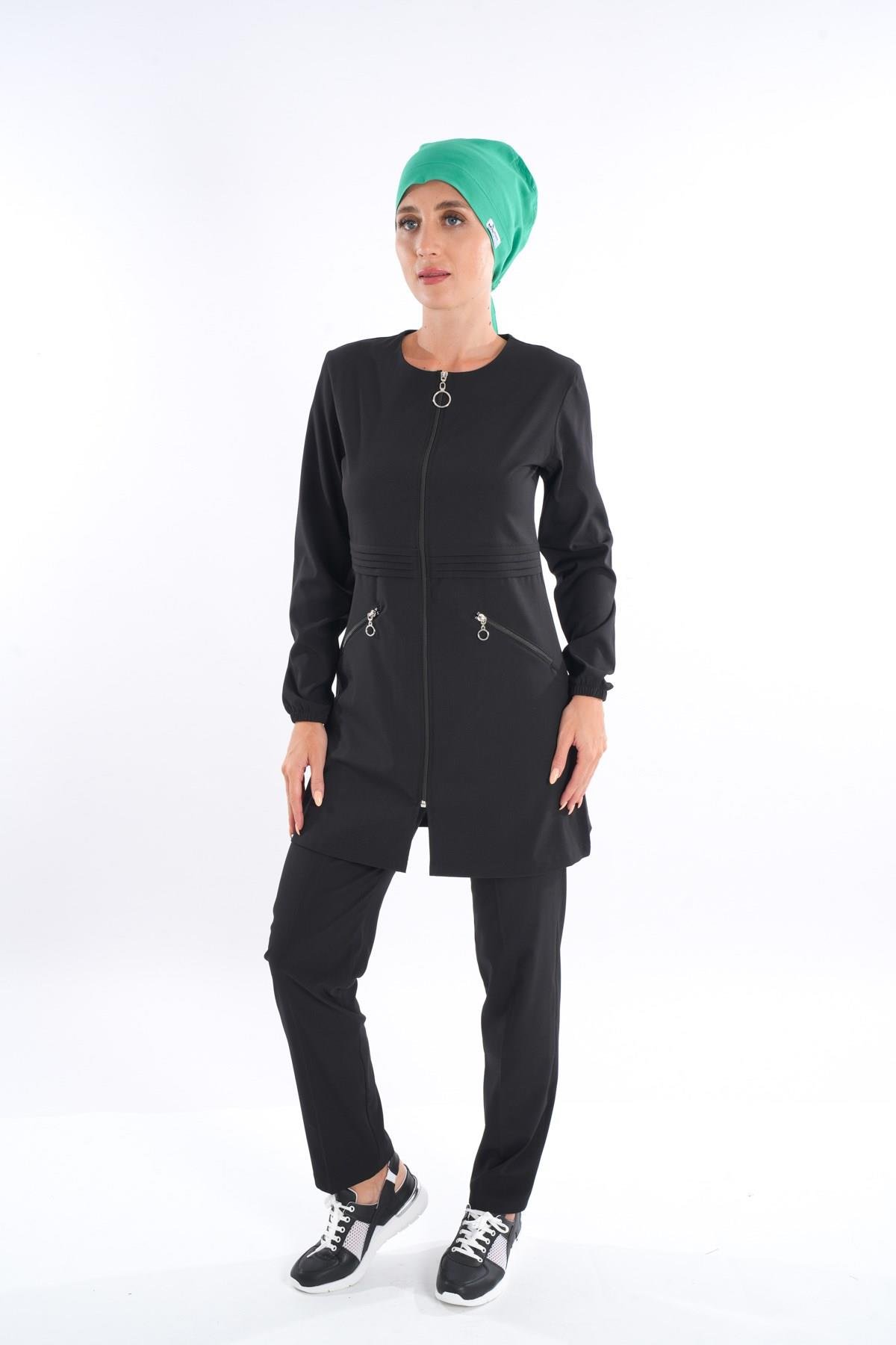 Badem Model Soft Likra Fermuarlı Siyah Renk Cerrahi Üniforma Takım-Nur Medikal Giyim