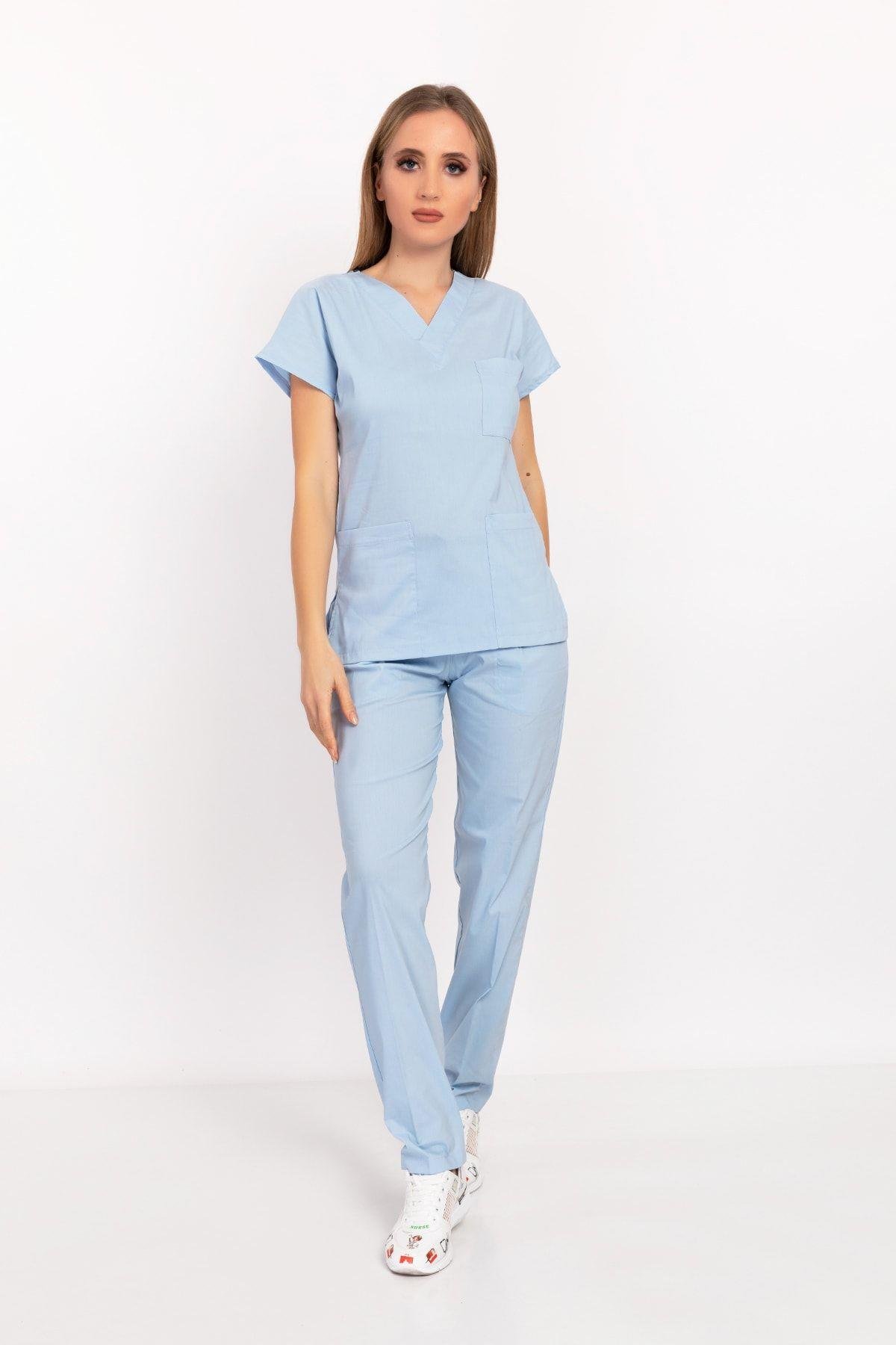 Bebe Mavi Likralı Unisex Doktor Hemşire Hastane Scrubs Üniforma Takımı-Nur Medikal Giyim