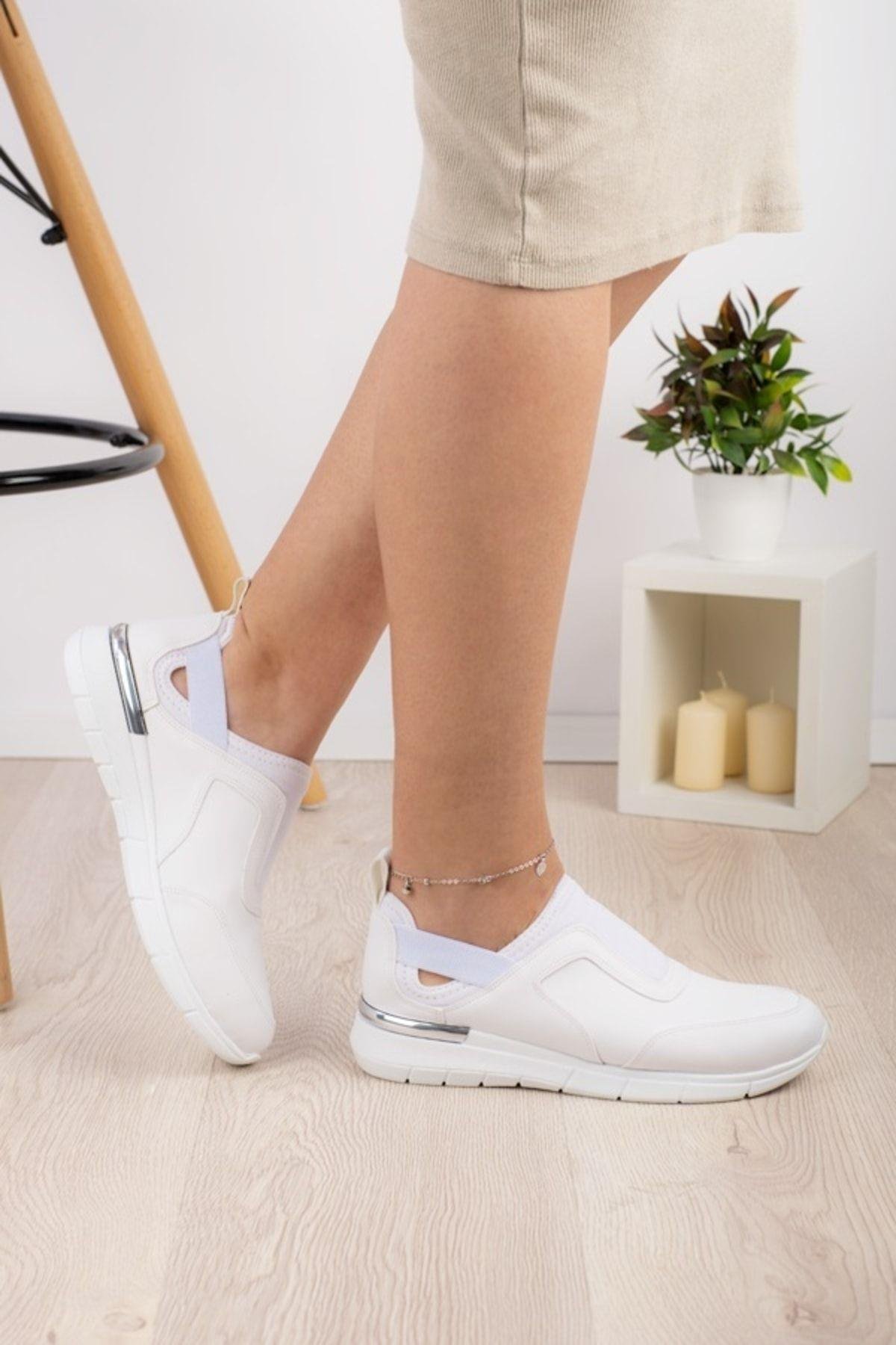 Beyaz Aynalı Streç Ortopedik Spor Ayakkabı-Nur Ortopedi