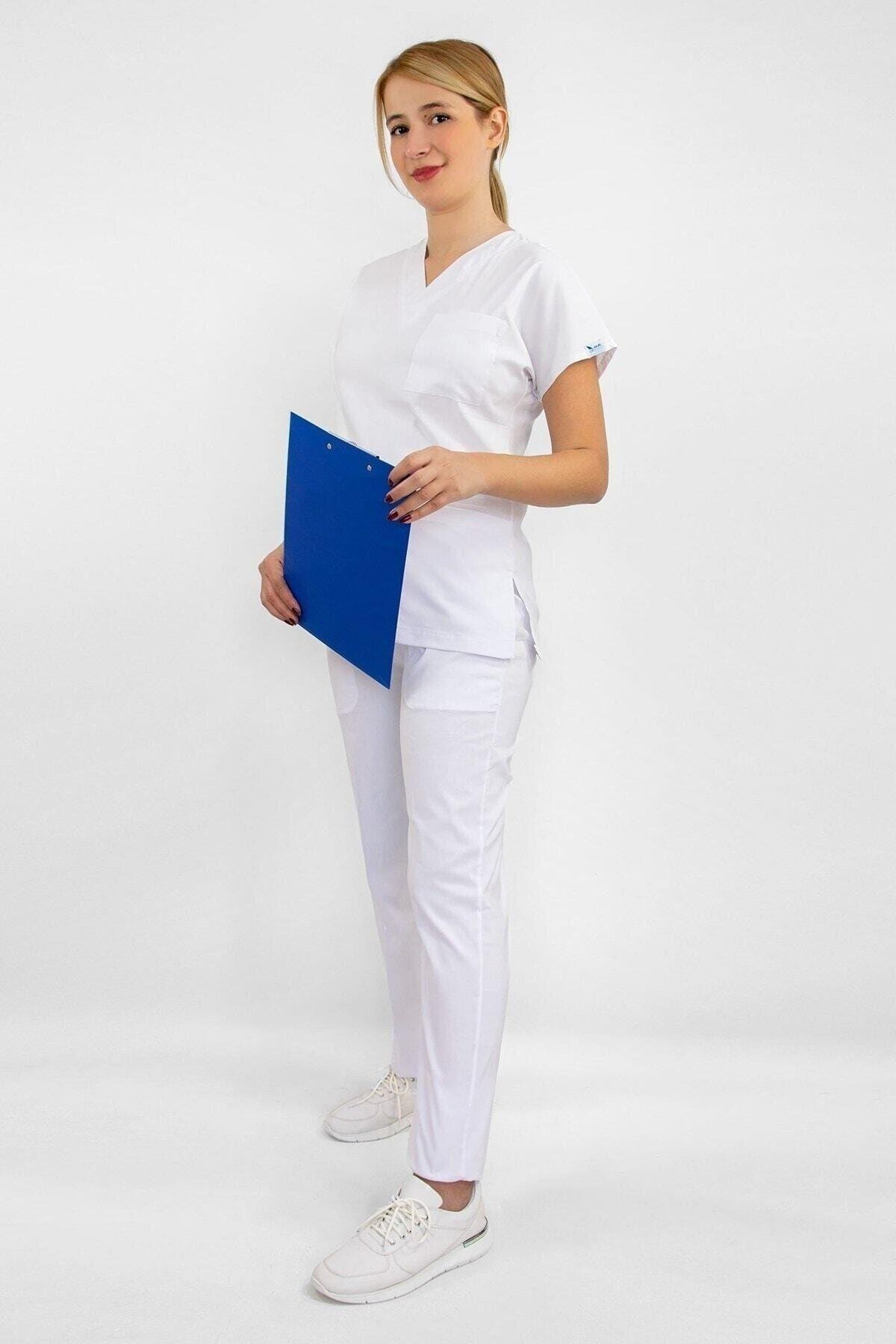 Beyaz Likralı Alt Üst Takım-Nur Medikal Giyim