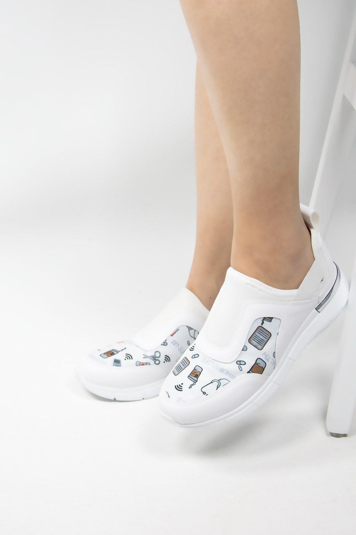 Beyaz Nurse Life, Aynalı Streç Ortopedik Spor Ayakkabı-Nur Ortopedi