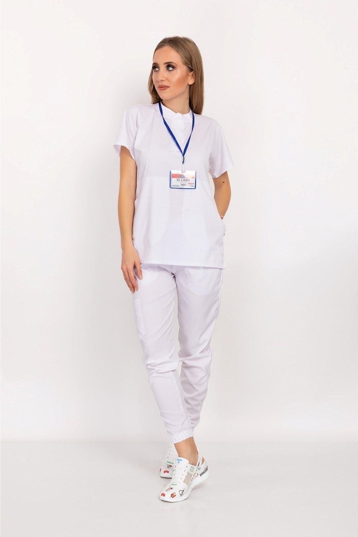 Beyaz Renk Çıt Çıtlı Hakim Yaka Soft Likra Doktor, Hemşire, Hastane, Nöbet Forma Takım-Nur Medikal Giyim