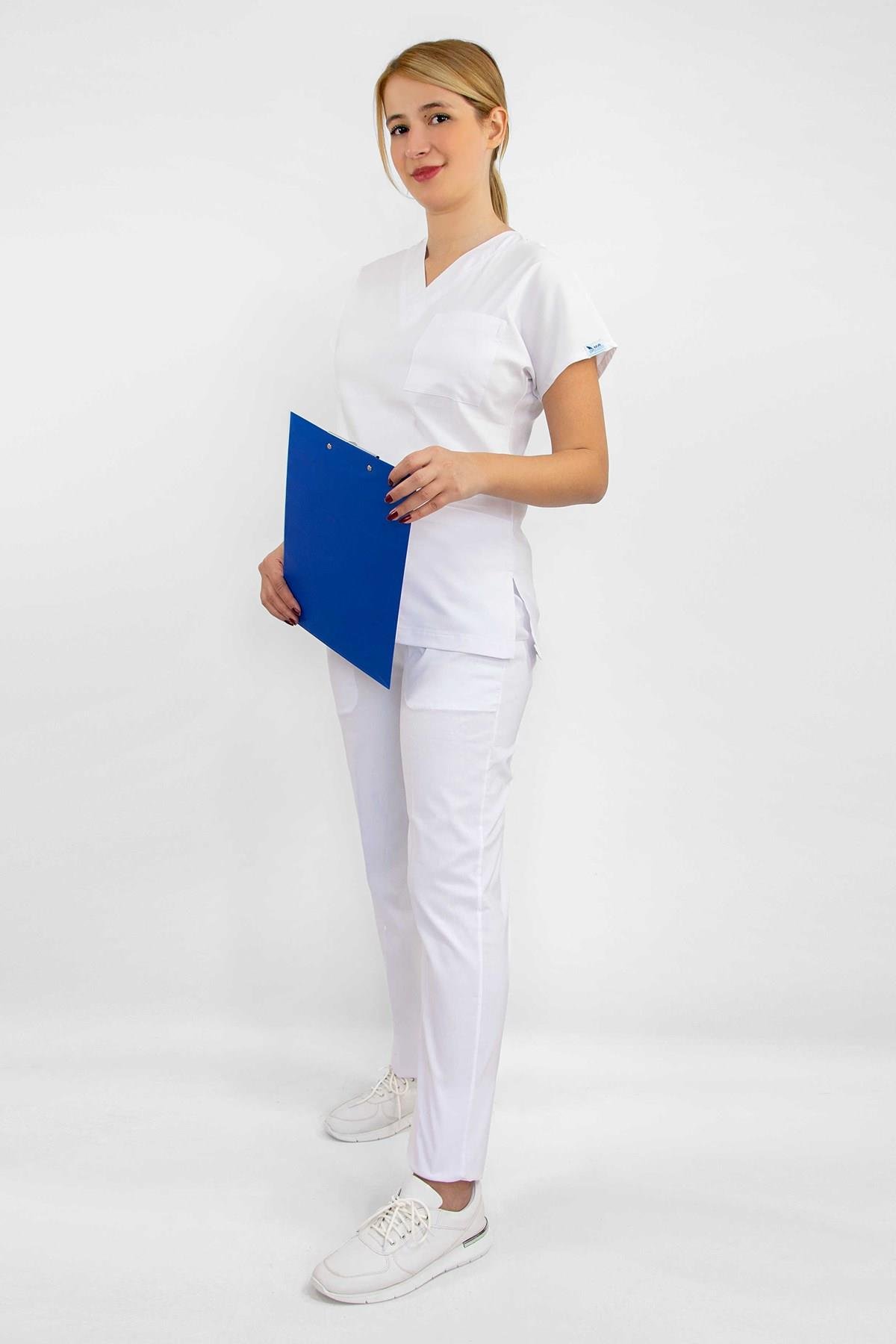 Beyaz Soft Likra Hemşire Hastane Doktor Cerrahi Takım Üniforma-Nur Medikal Giyim