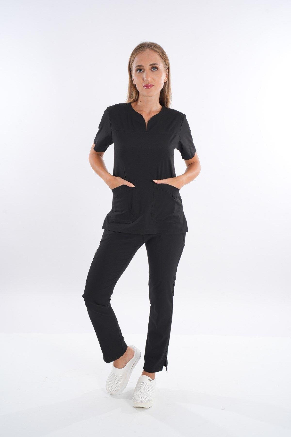 Business Model Soft Likra Siyah Doktor Hemşire Hastane Scrubs Üniforma Takımı-Nur Medikal Giyim