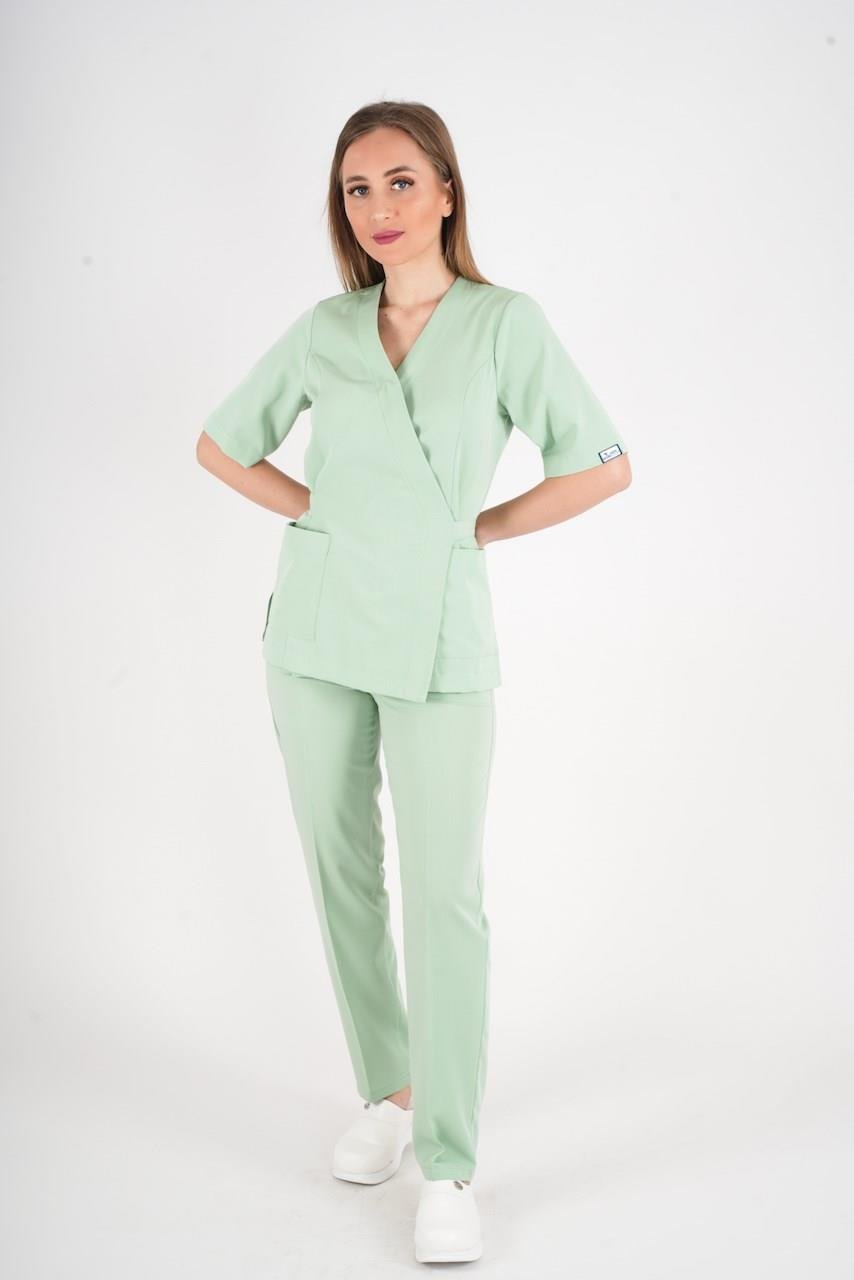 Çağla Yeşili Elegant Model Cerrahi Üniforma Belden Bağlamalı Scrubs Takım-Nur Medikal Giyim