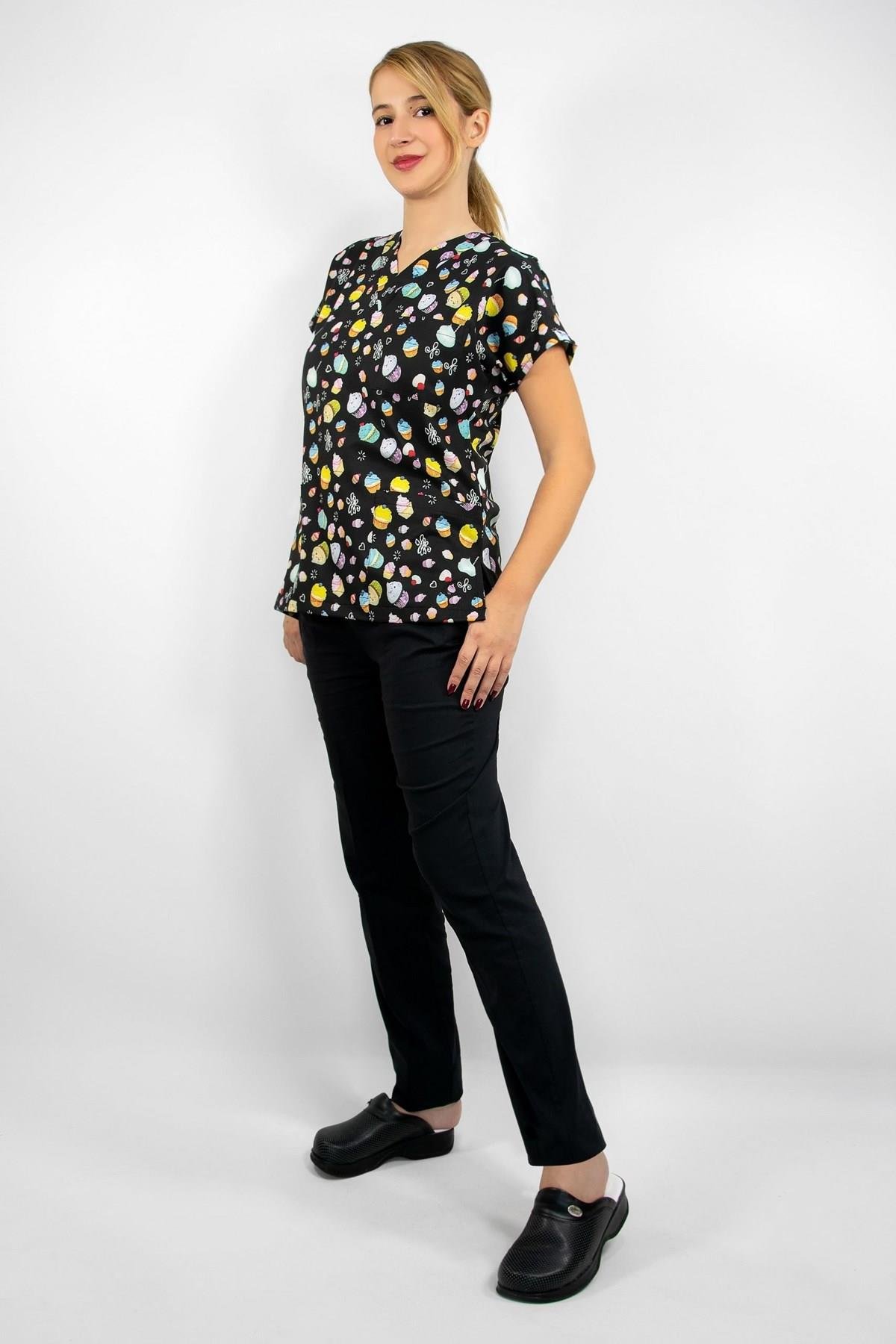 Cup Cake Pasta Desenli Likralı Aşçı Chef Pastacı Üniforma Takım-Nur Medikal Giyim