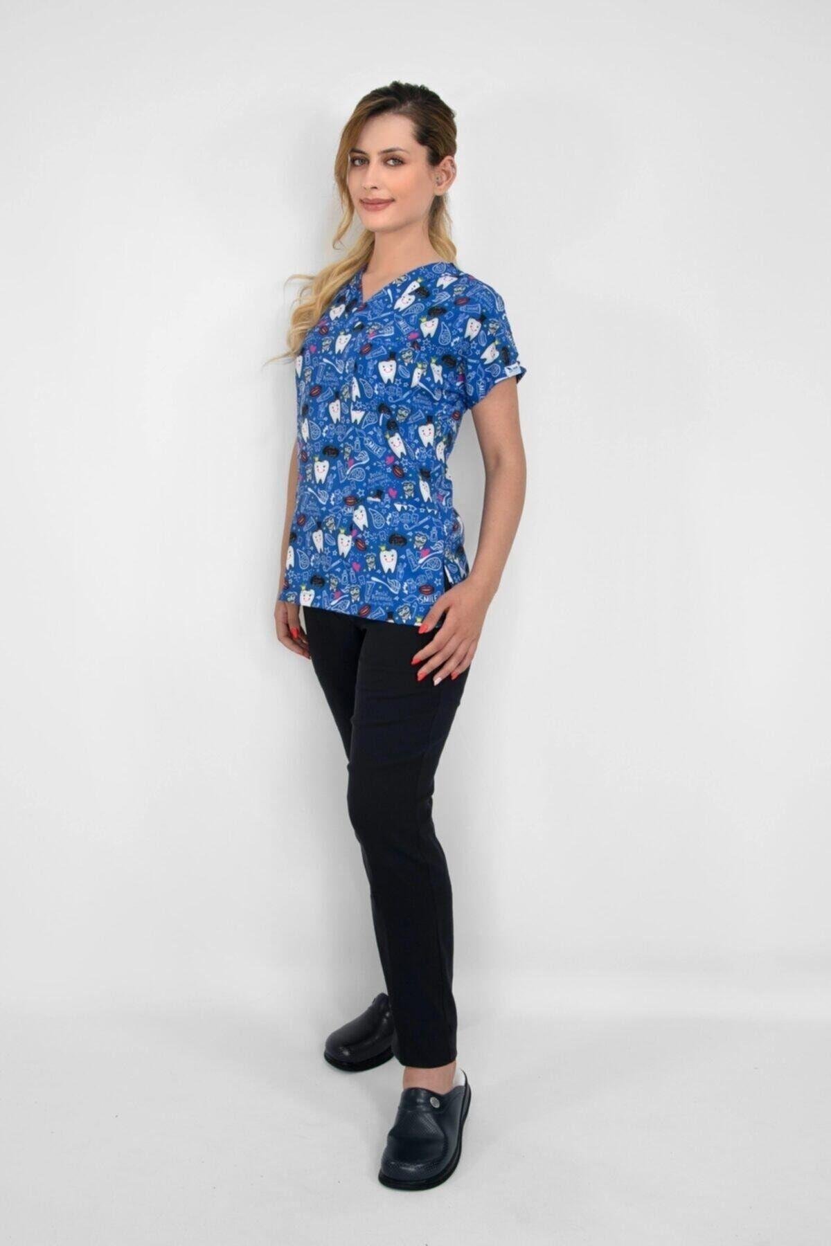 Diş Temalı Lacivert Cerrahi Doktor Hemşire Hastane Likralı Forma Alt Üst Takım-Nur Medikal Giyim