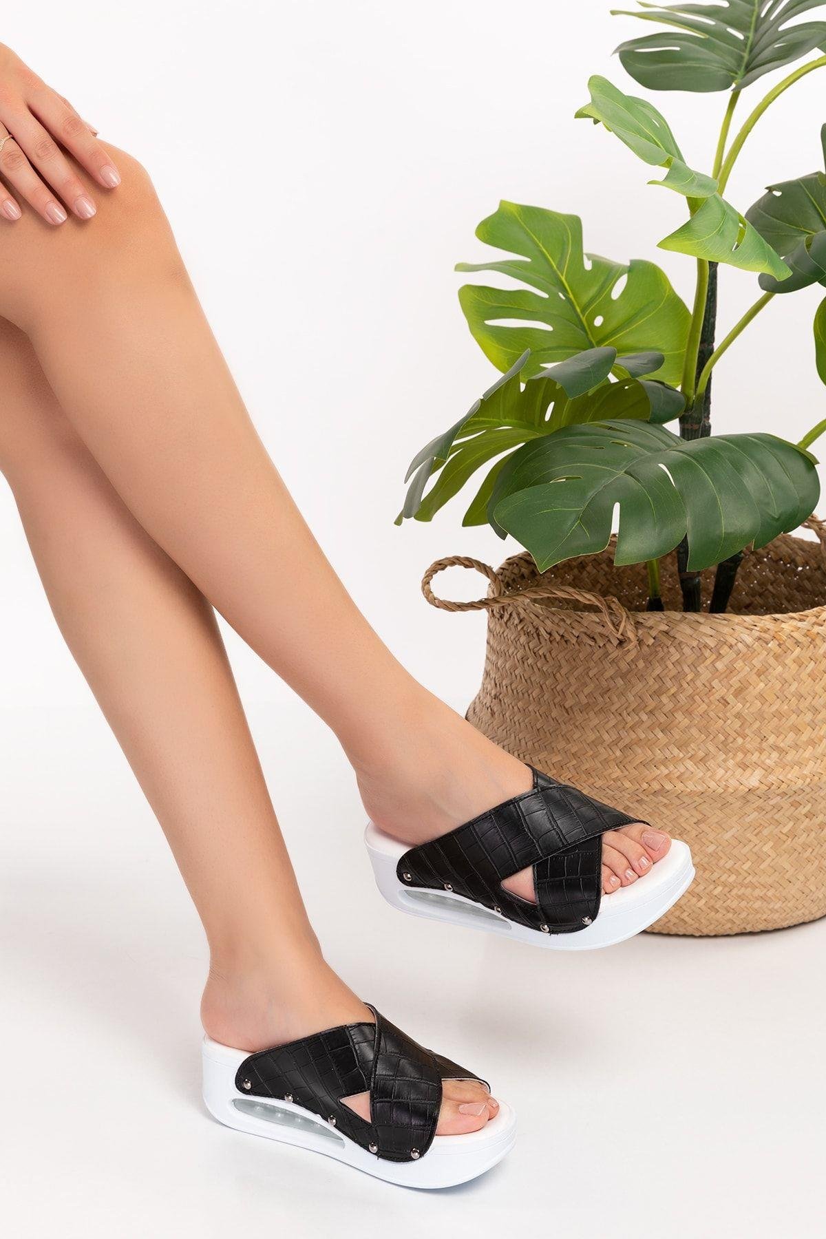 Doktor, Hemşire, Günlük, Yazlık Terlik Siyah Krokodil Desen Açık Airmax Taban Ortopedik Terlik-Nur Ortopedi