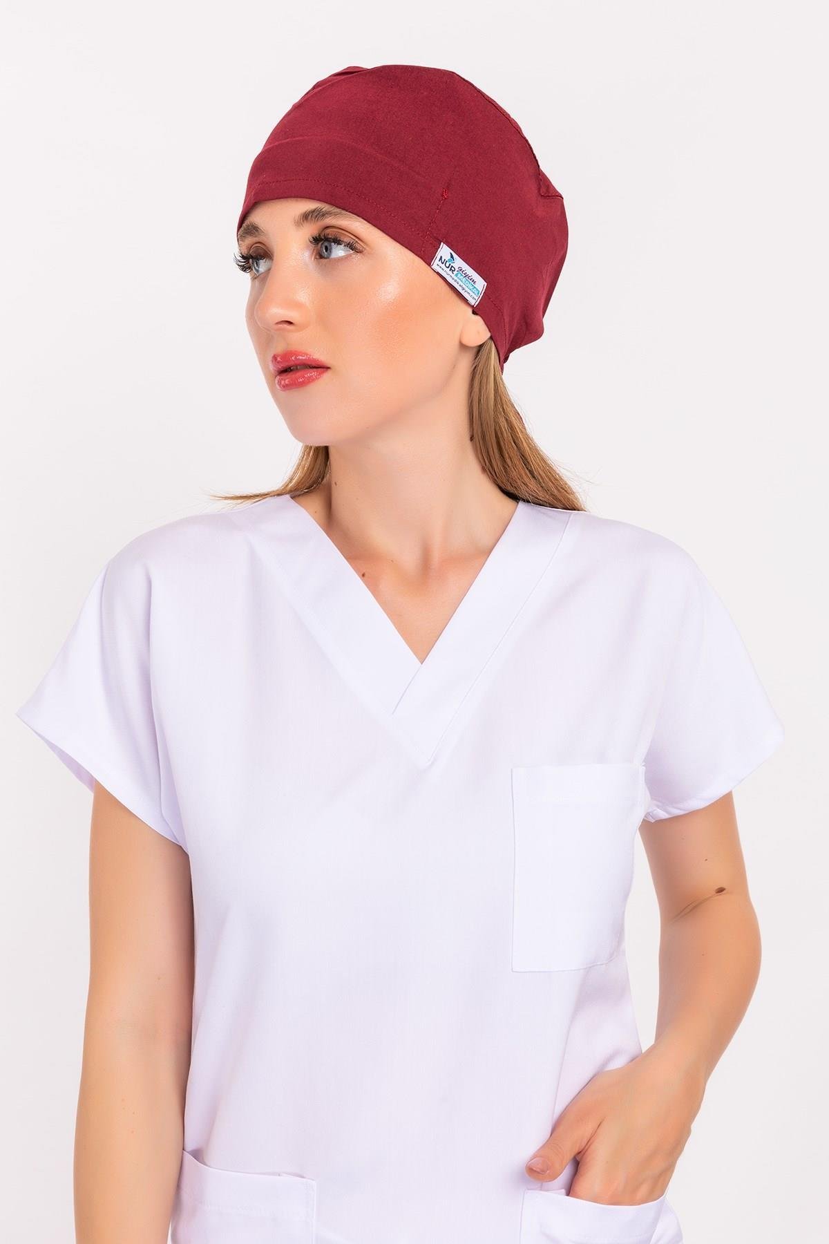 Düz Bordo Renk Unisex Cerrahi Boneler Doktor Ameliyat Saç Bonesi-Nur Medikal Giyim