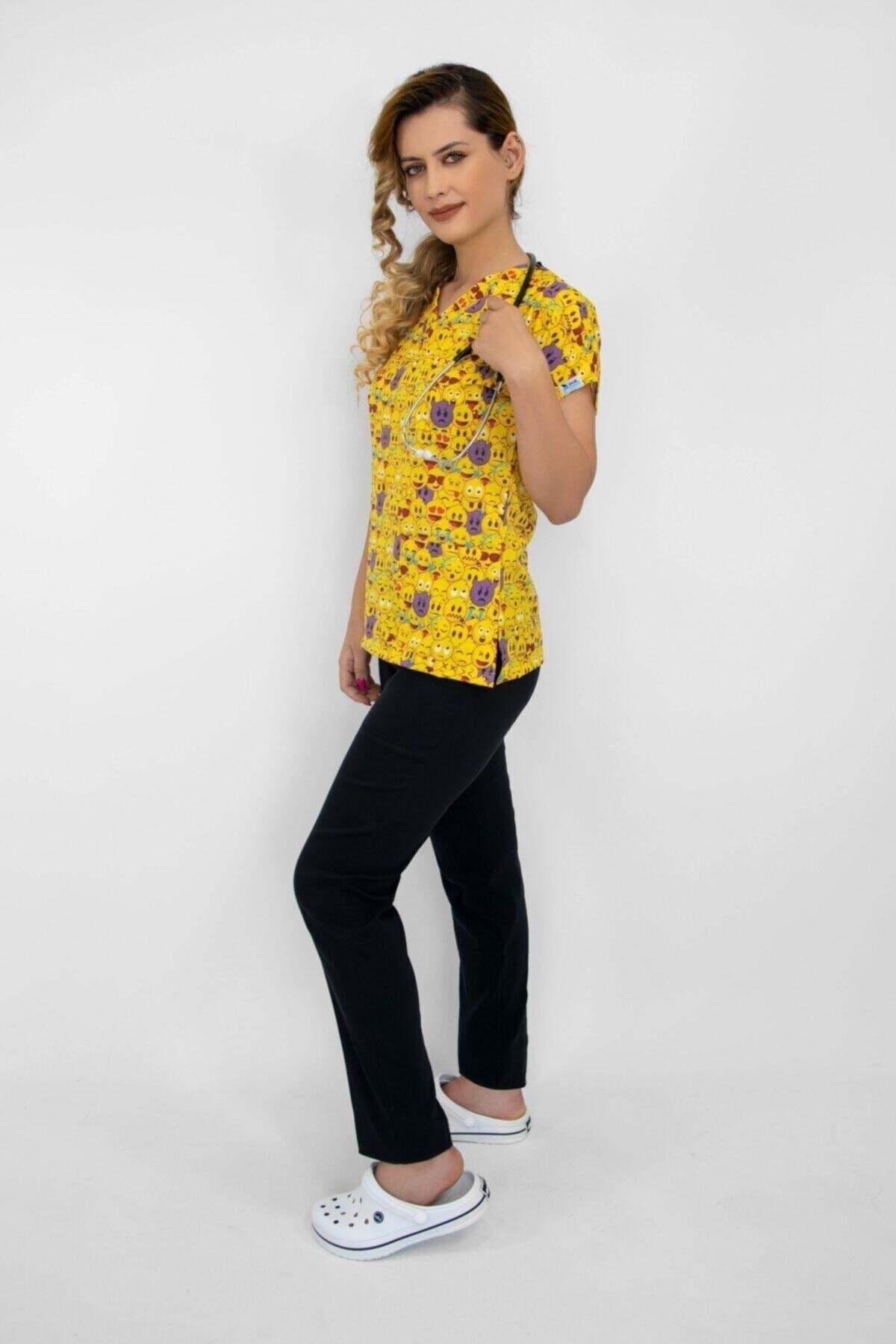 Emojiler Temalı Cerrahi Doktor Hemşire Hastane Aşçı Likralı Forma Alt Üst Takım-Nur Medikal Giyim