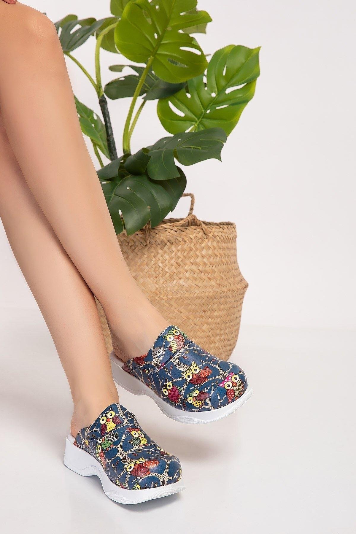 Erkek Gece Baykuş Desenli Klasik Model Klasik Sabo Aşçı Mutfak Doktor Hemşire Hastane Terliği-Nur Ortopedi