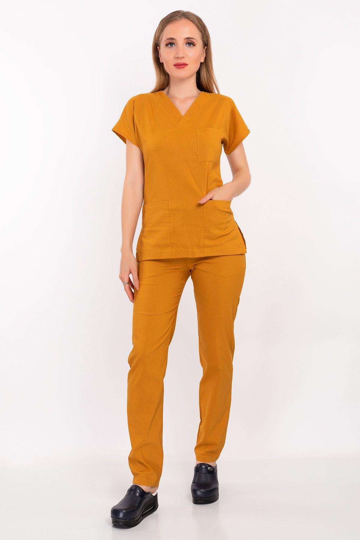 Hardal Rengi Likralı Alt Üst Takım-Nur Medikal Giyim